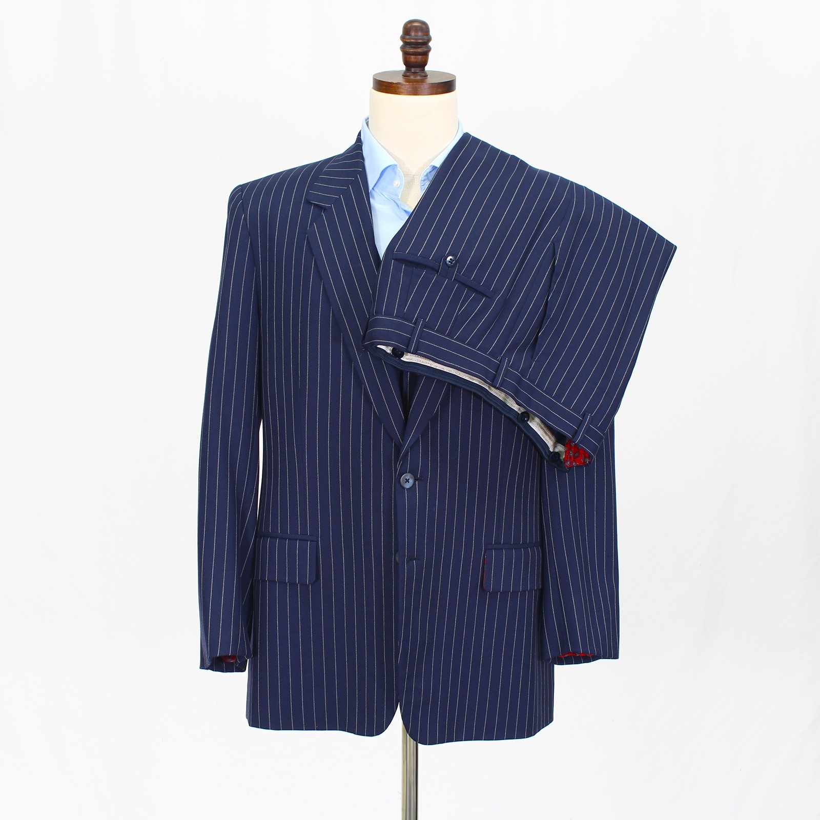 Bespoke 42R 34×32 Blue Full Suit Stripe 2-Button Wool