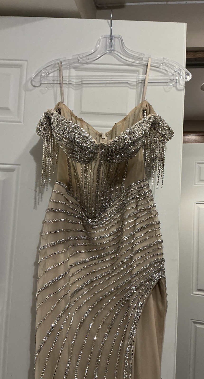 Ladivine by Cinderella Divine Beige Silver Rhinestone Off-Shoulder gown Size 2