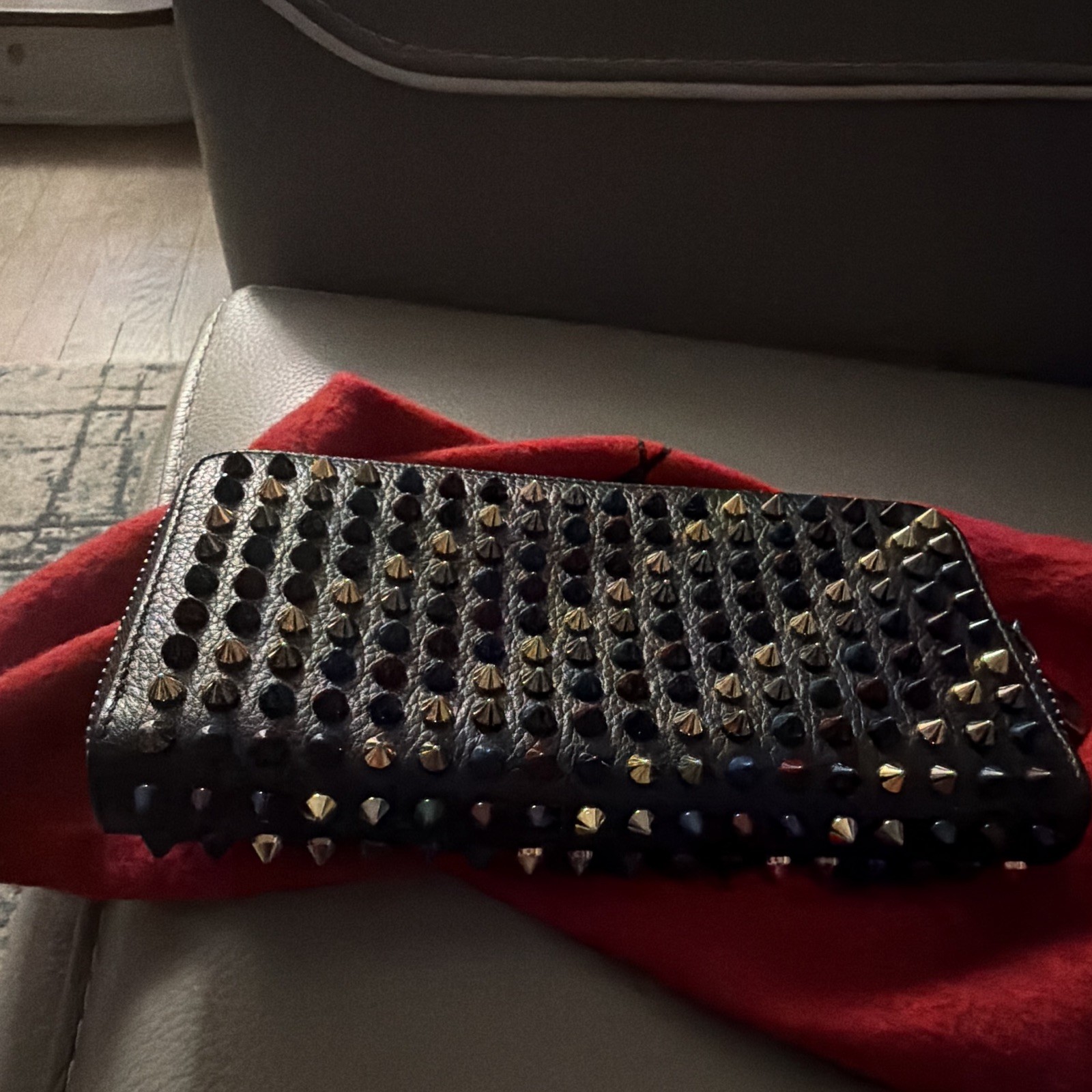 Christian Louboutin Studded Zip-Around Wallet Black/Red Logo Credit Card