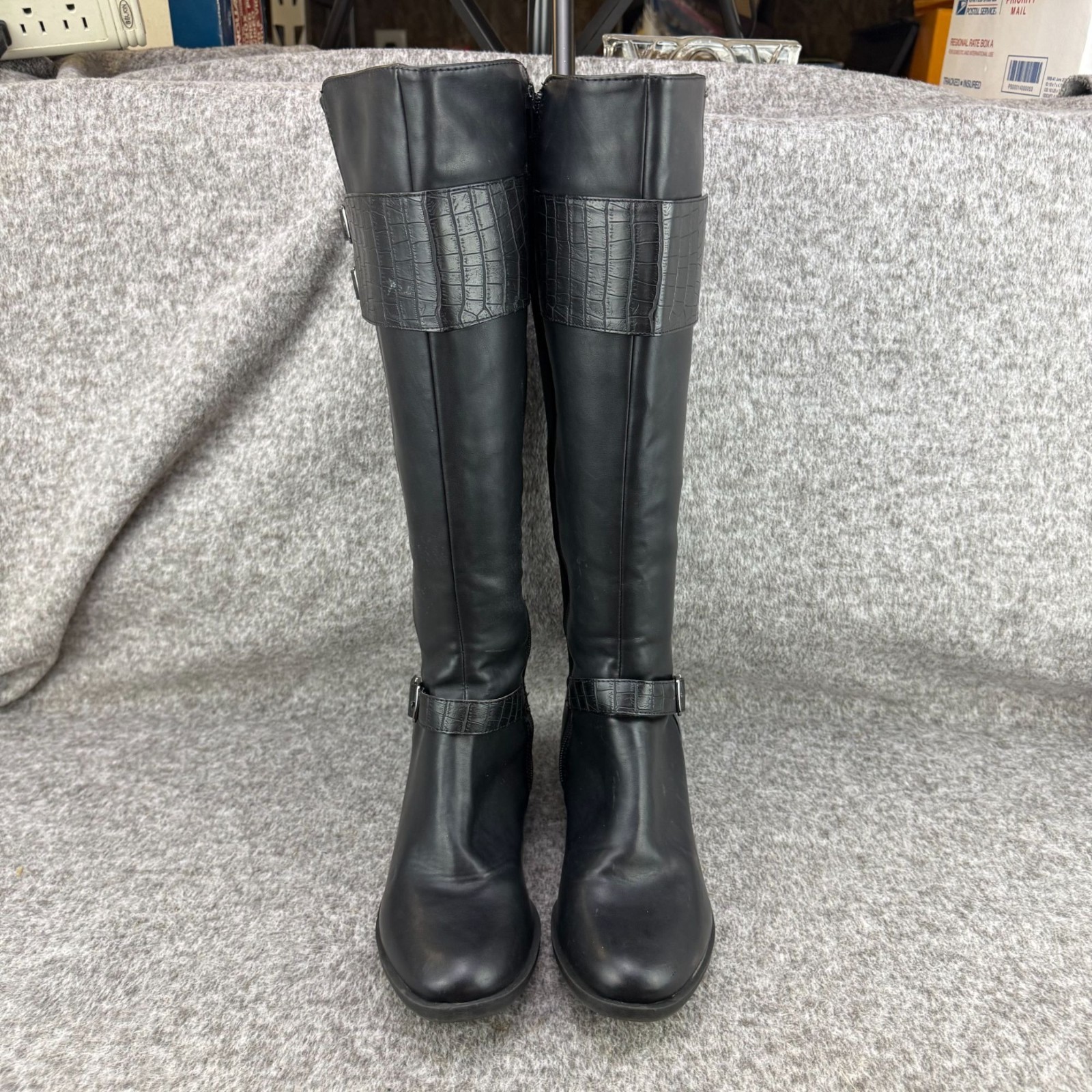 ✅Womens 9M Nicole Tess Black Knee-High Riding Boots Side-Zip Double Buckle Strap