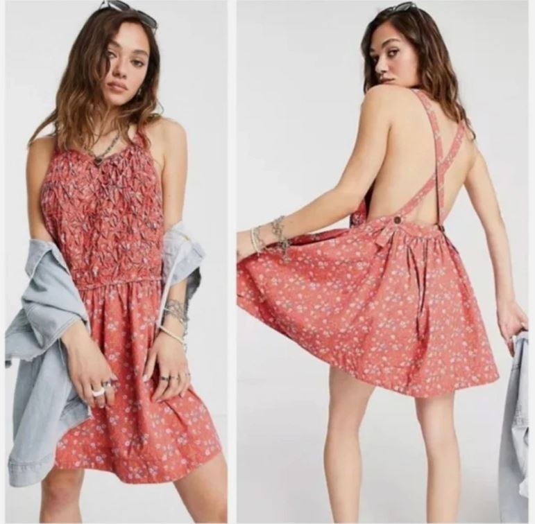 Free People Petunia Mini Dress Smocked Women’s XL Floral Cottage Bib Overall