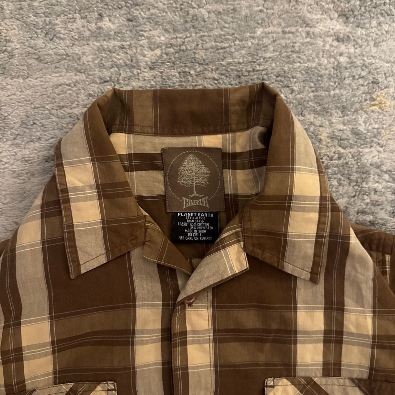 Planet Earth Men’s Brown Plaid Short Sleeve Button-Down Shirt