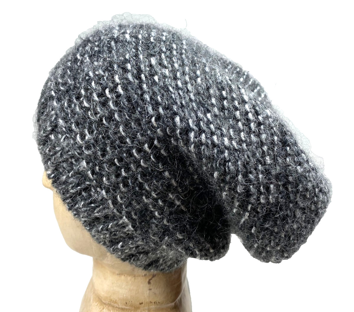 Black Gray Silver metallic Slouch Hat Beanie Made In Italy Mohair Blend