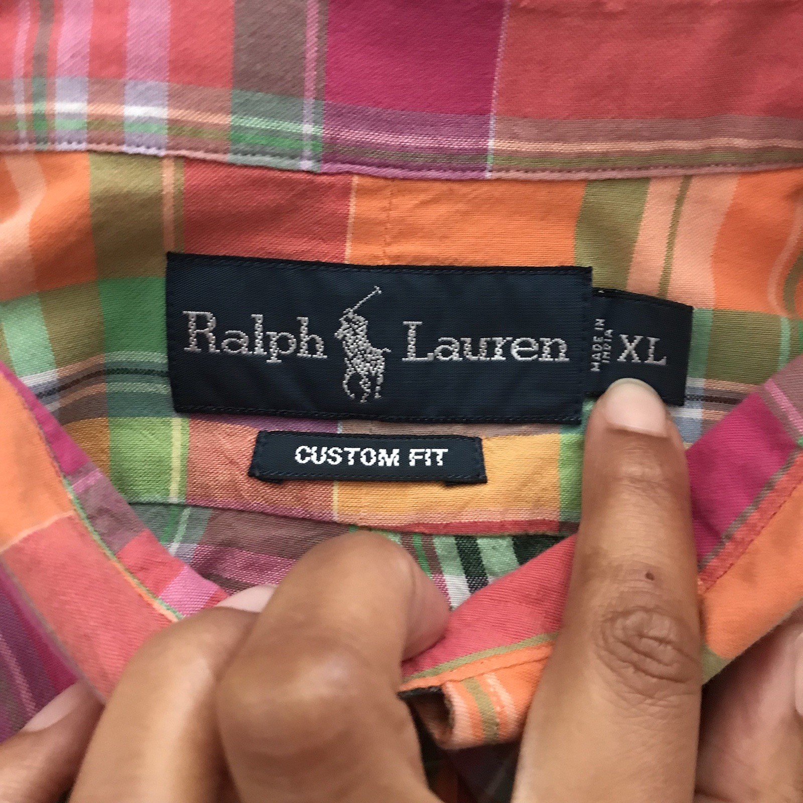 Ralph Lauren Custom Fit Orange Plaid Preppy Long Sleeve Cotton Shirt Mens XL