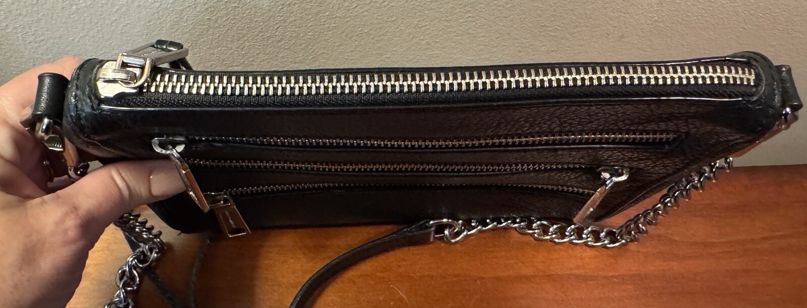 Rebecca Minkoff Black Pebbled Leather Triple Zipper Chain Strap Crossbody Bag