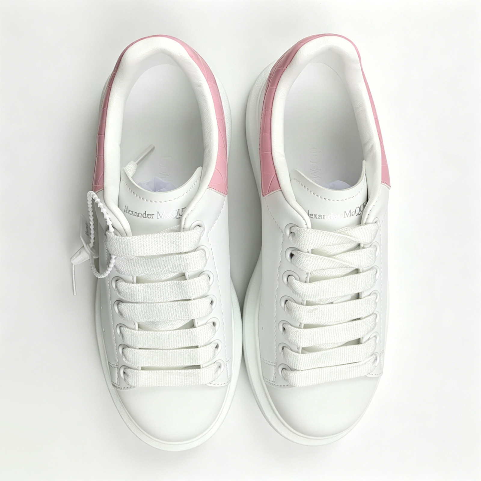 Alexander McQueen White Pink Croc Embossed Leather Heel Platform Sneakers Unisex