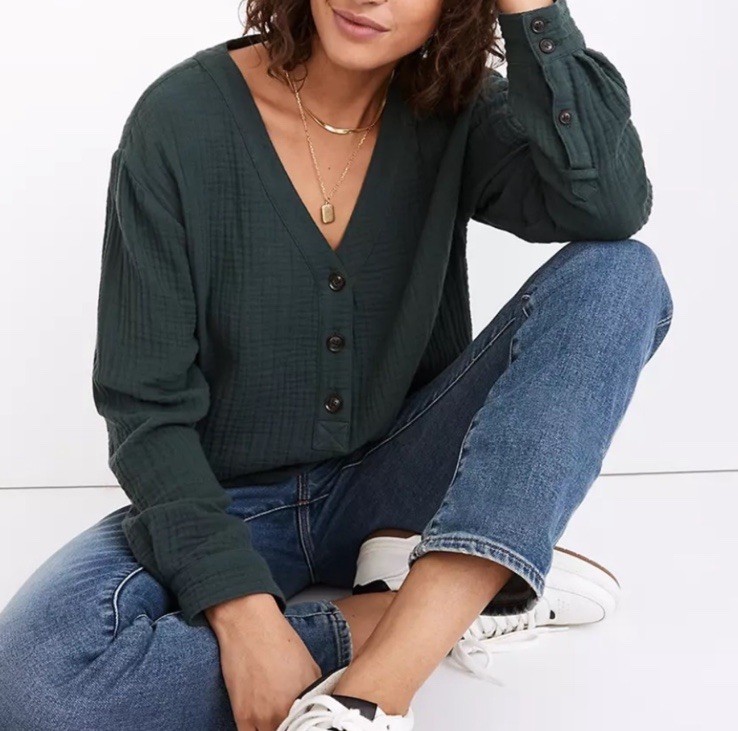 NWOT Madewell Lightspun Evert Top Midnight Green Size XS NC803 Gauze Cotton