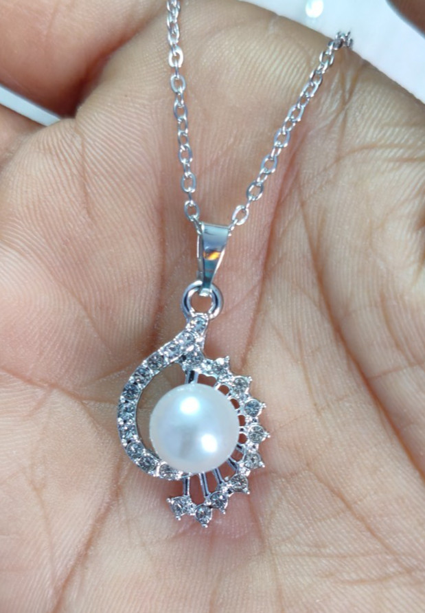 White Pearl CZ Stone Pendant Necklace Silver Plated with Chain for casual wear