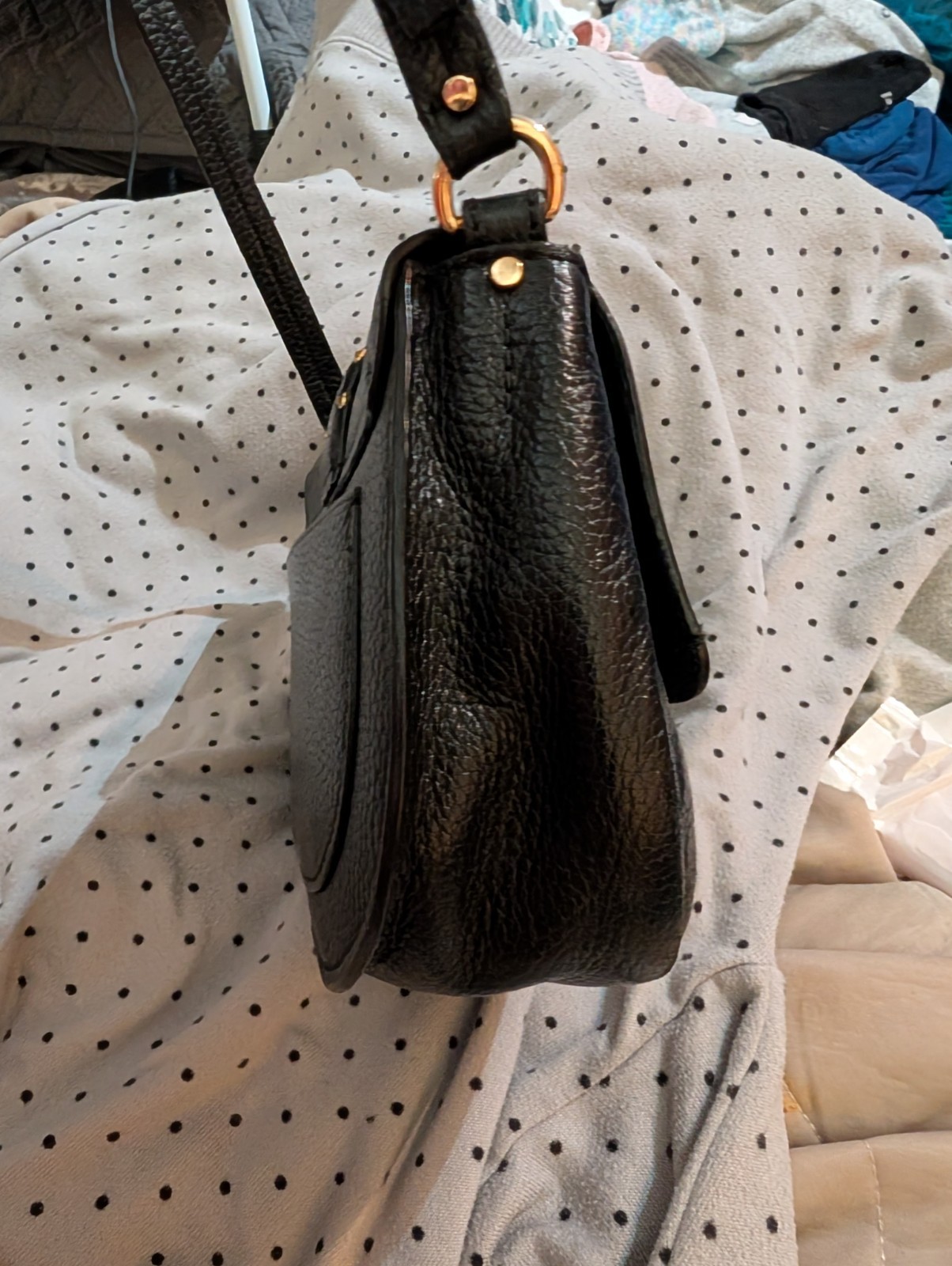 Michael Kors Black Pebbled Studded Buckle Magnetic Flap Crossbody Gold HW