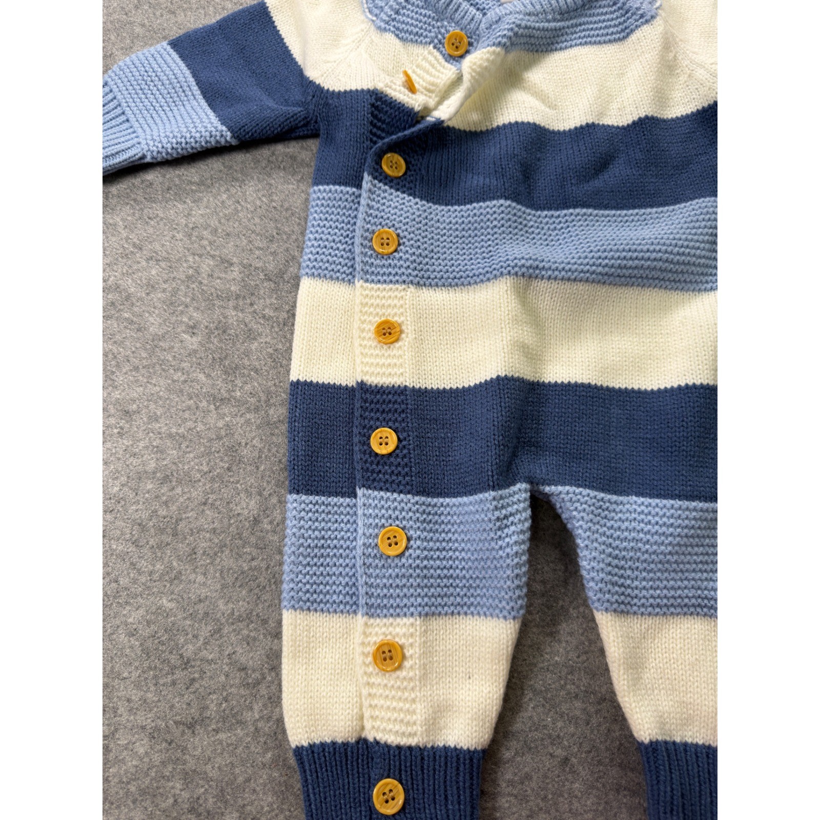 Licupiee Knit Romper Baby 6-9M Blue White Striped Long Sleeve Side Button