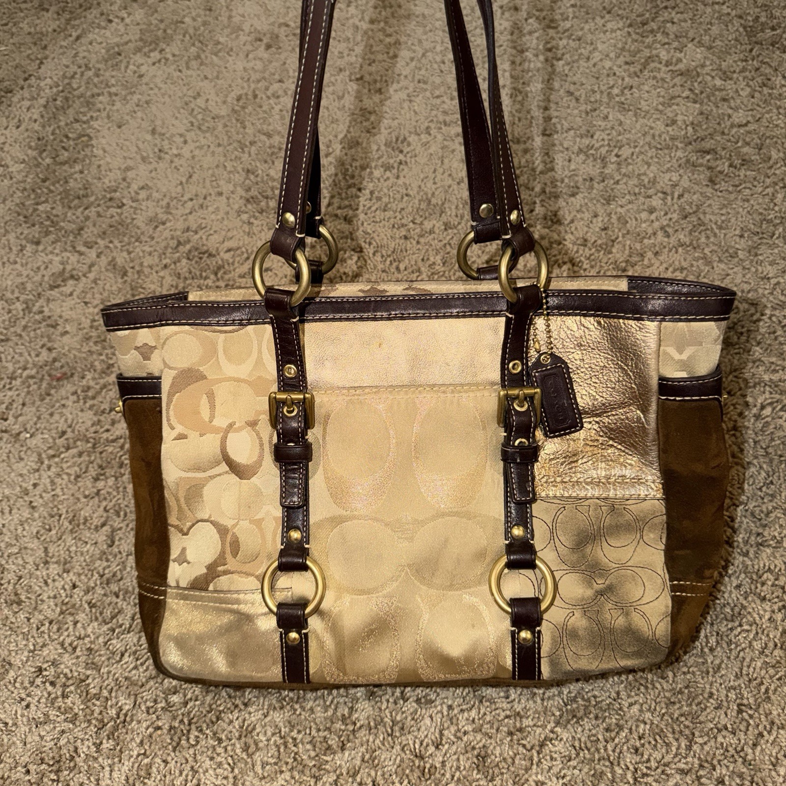 Coach Signature patchworkLogo Tote Bag Medium Beige/Brown Zip Top, Gold Hardware