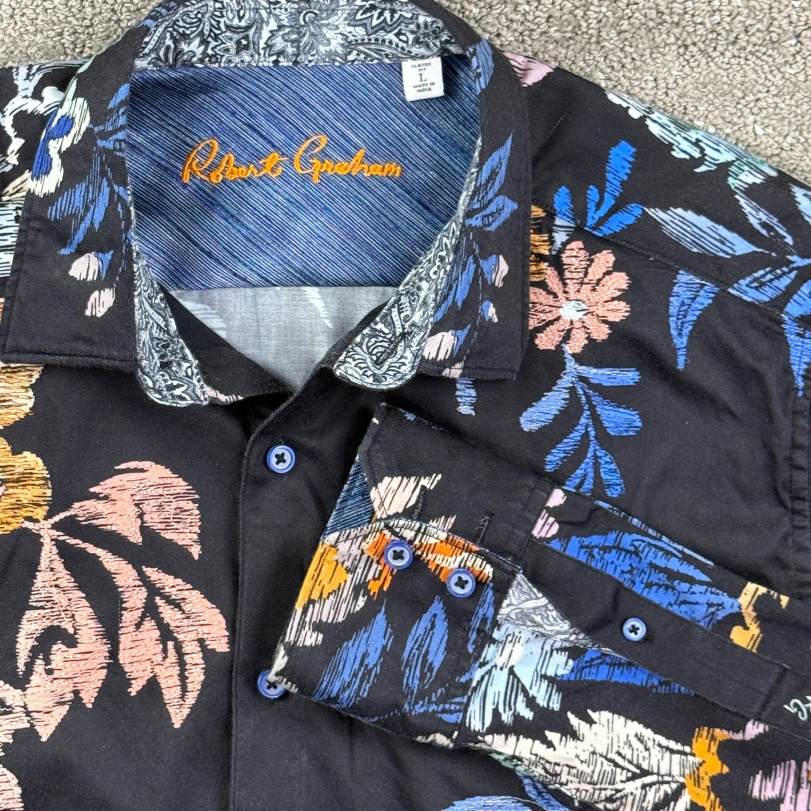 Robert Graham Pluto Floral Button Up Shirt Mens L Classic Fit Black Cotton
