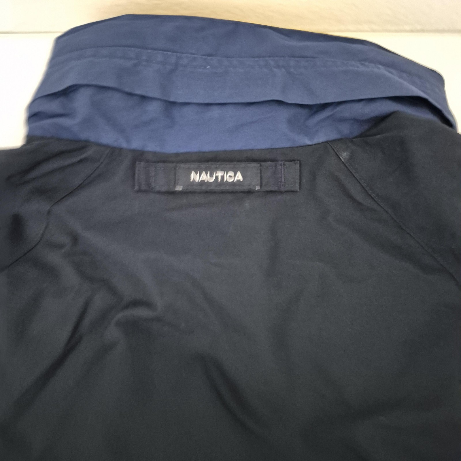 Nautica Jacket Mens Large Navy Sailing Bomber Zip Snap Mock Neck w/Hood Lined