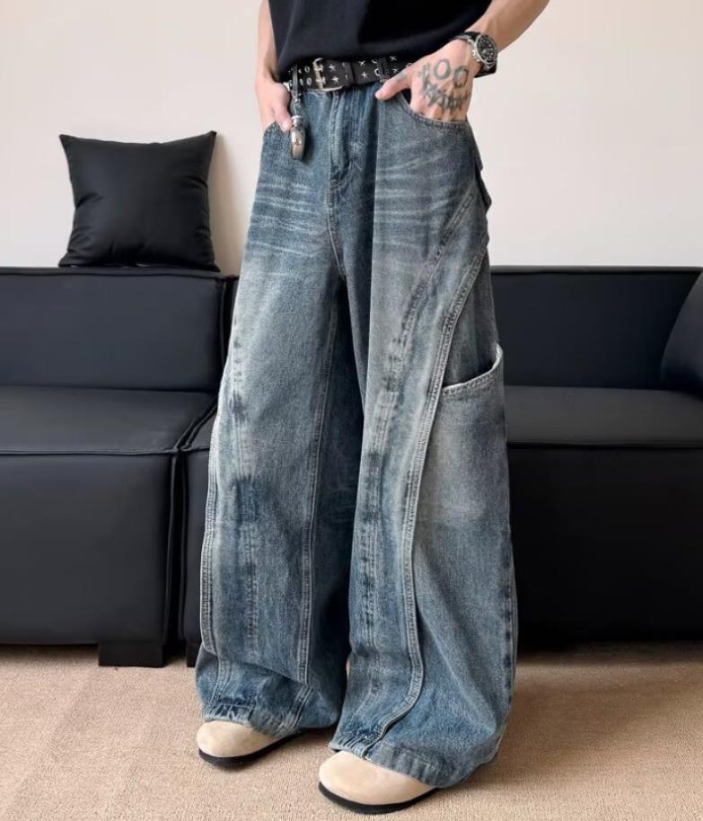 Men’s Retro Blue Denim Loose Fit Jeans Pockets Punk Hip Hop Trousers Casual New