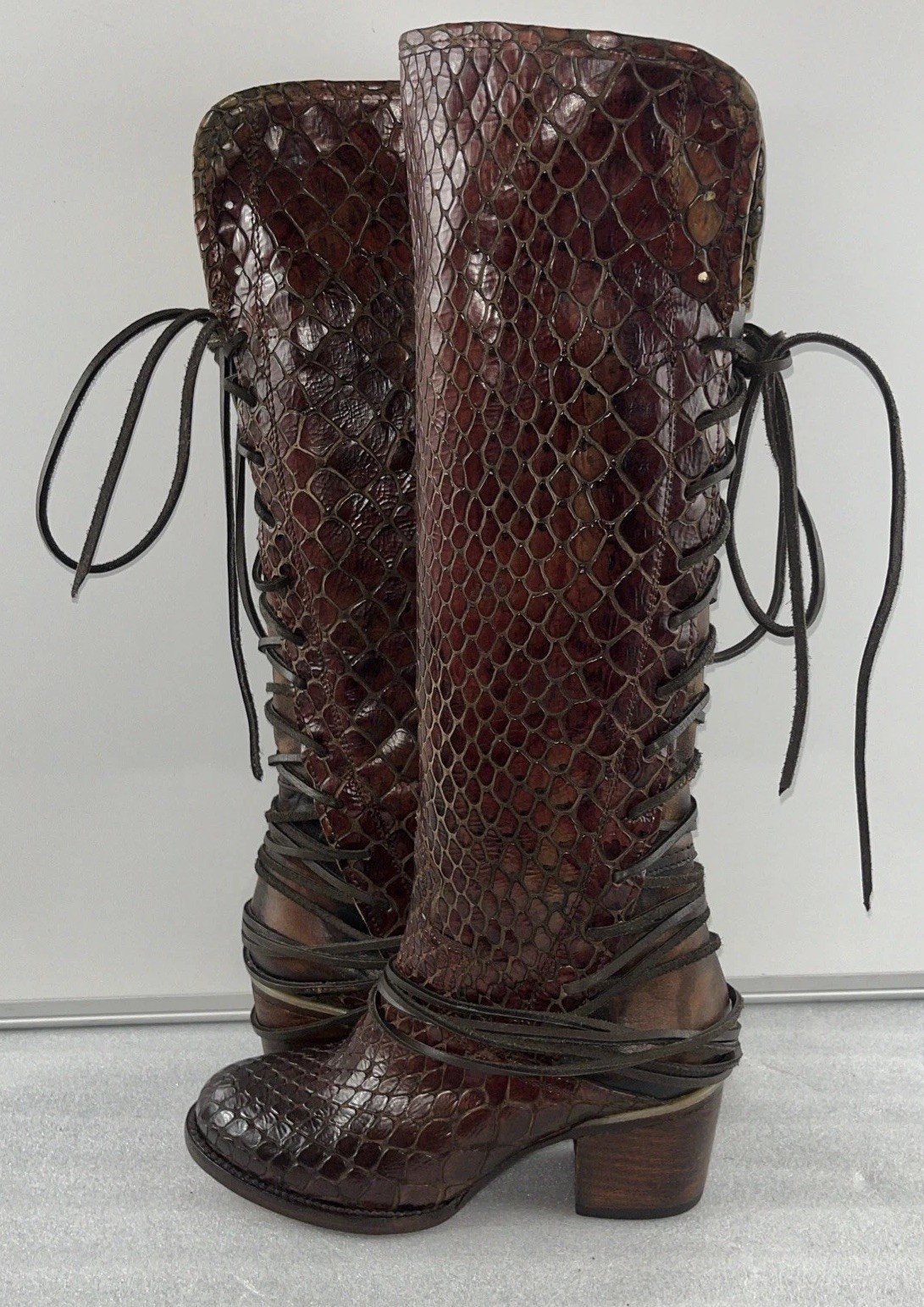 Rare Freebird by Steven Cognac Croco Coals – Sz 8 / Tall Leather Lace Up Boots