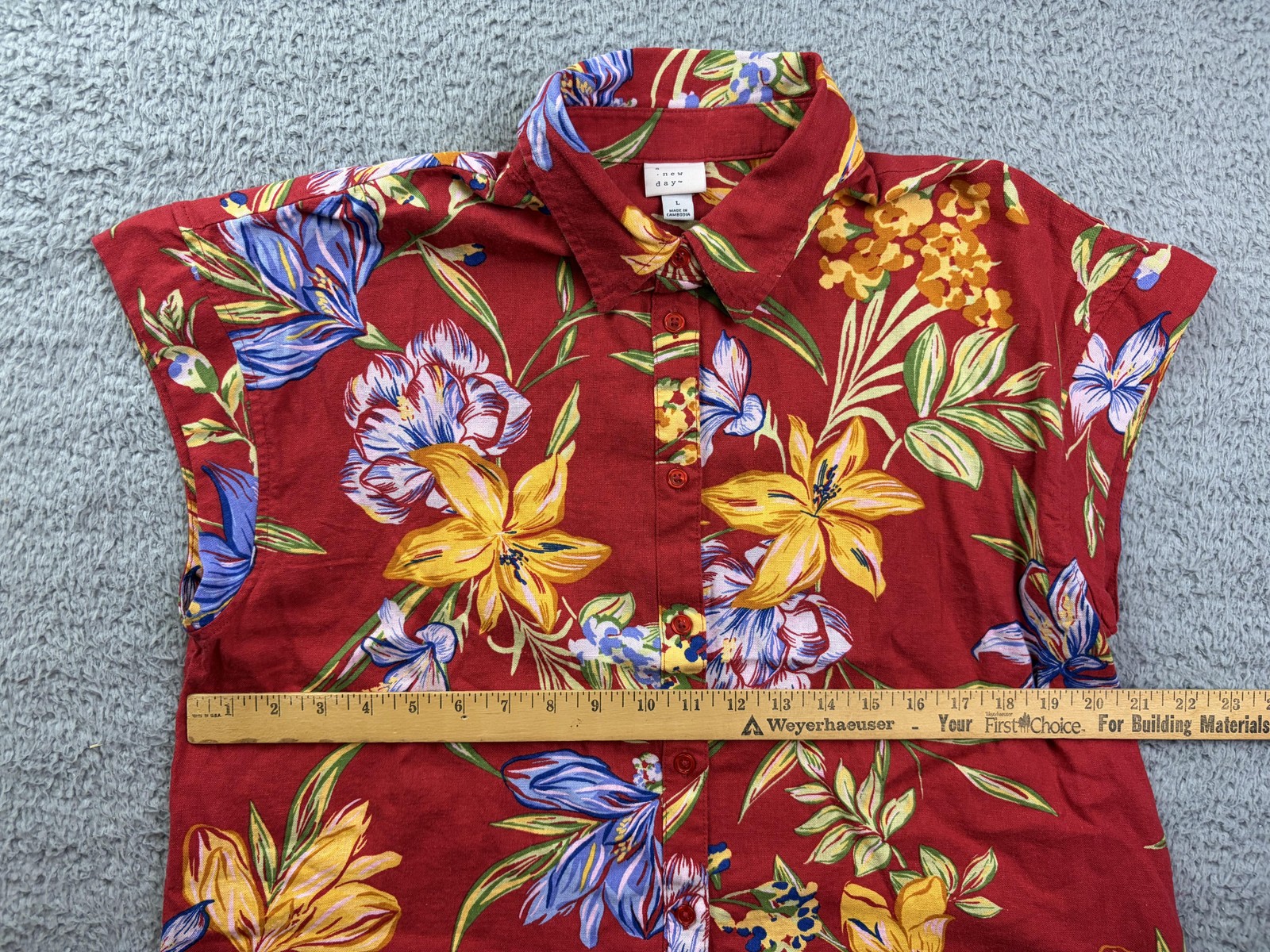 A New Day Blouse Womens Large Red Floral Button Front Collared Linen Tropical