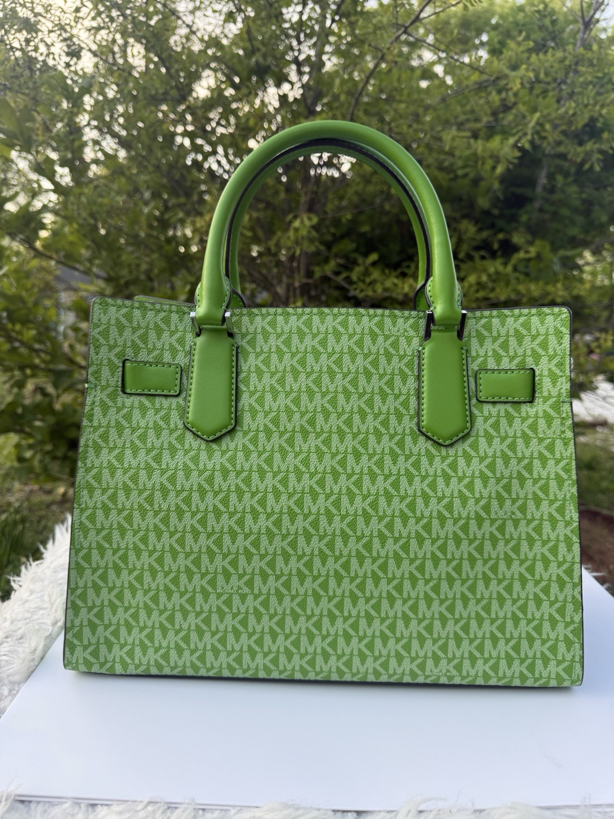 Michael Kors Medium Hamilton Satchel MK Logo Leather Jungle Green Crossbody