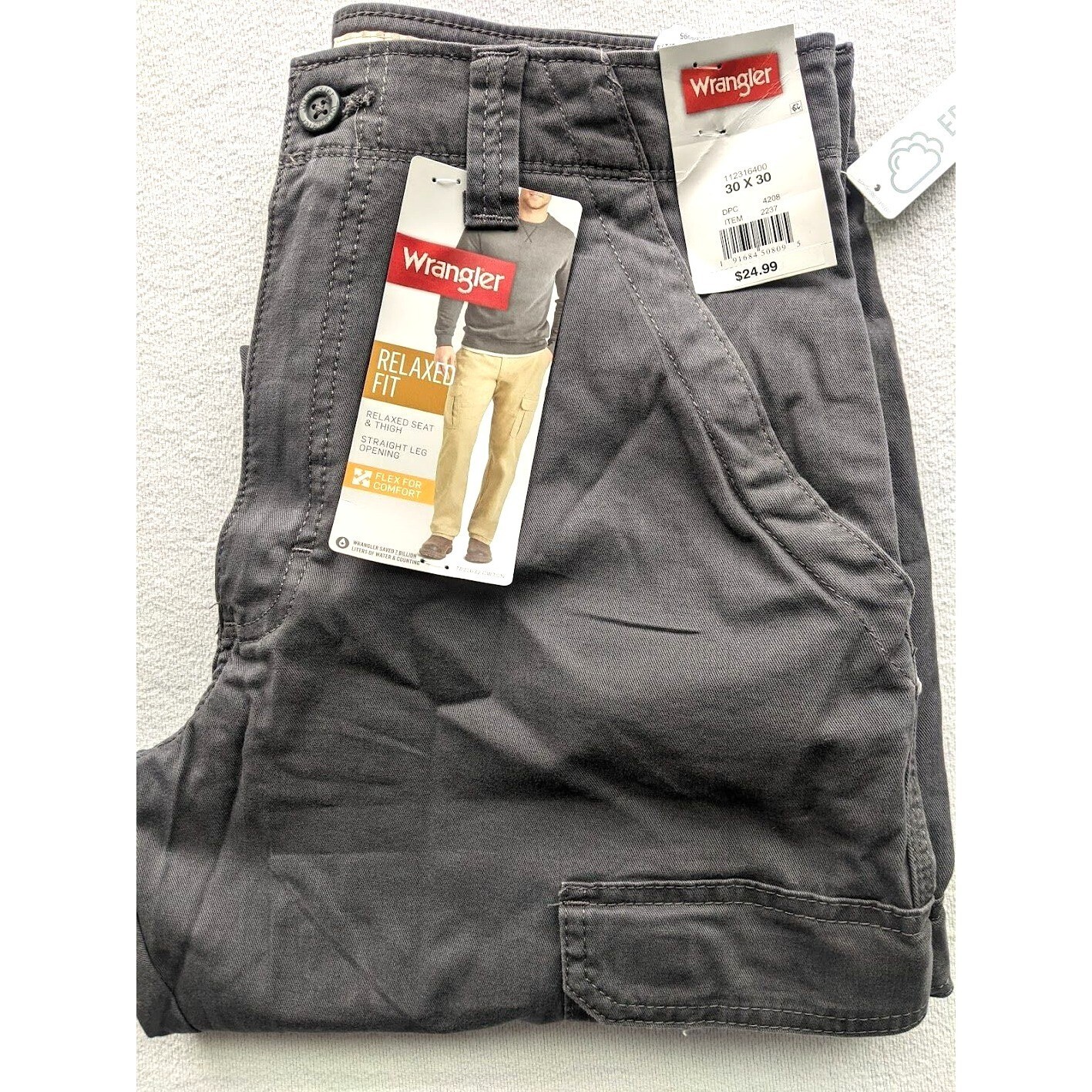 Wrangler Relaxed Fit Flex Cargo Pants Men’s Size 30″x30″ Gray Tech Pocket NEW