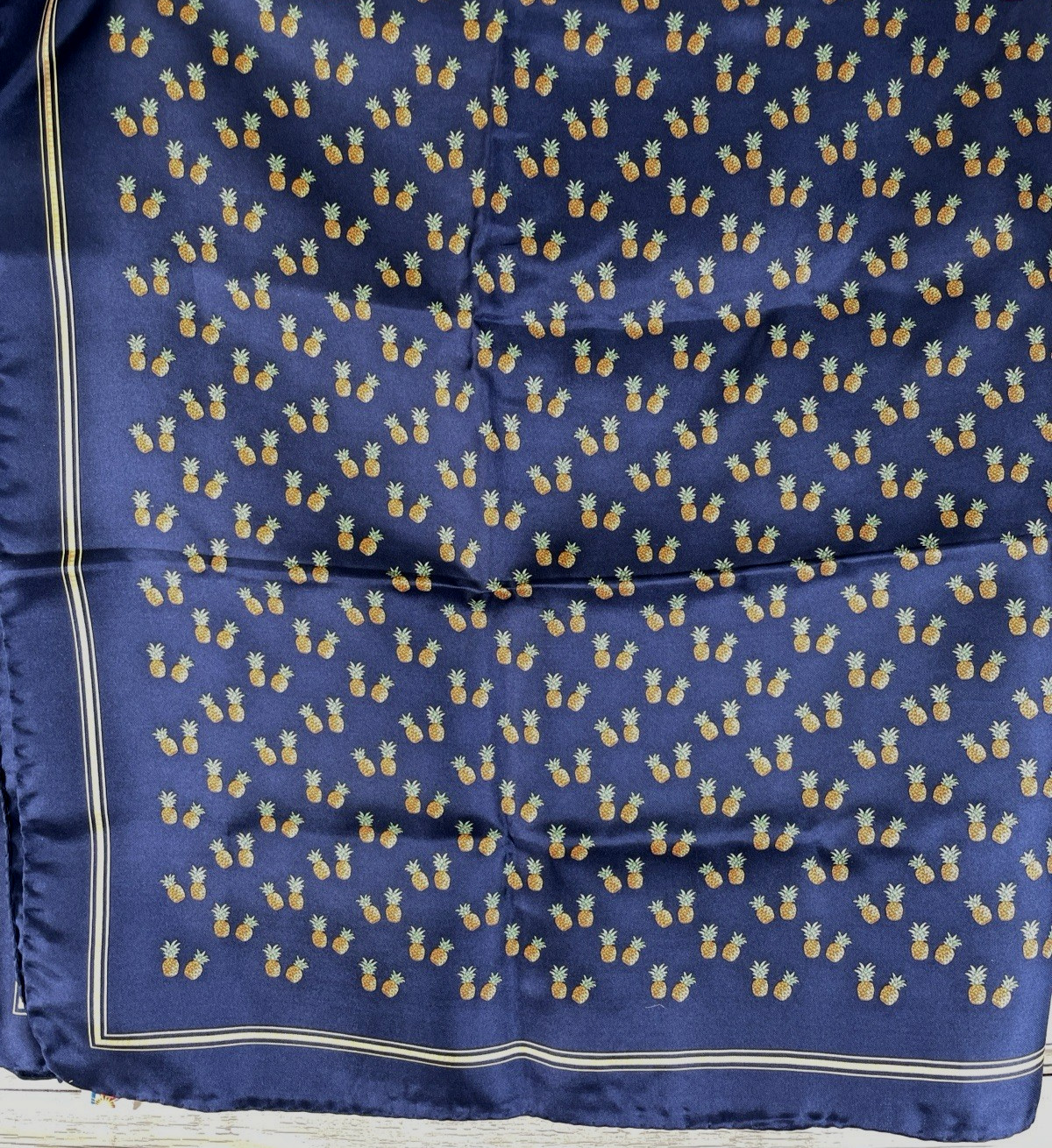 Vtg Dole Pineapple Silk Scarf Navy Blue Tropical Pineapples Square 34×35″ Italy