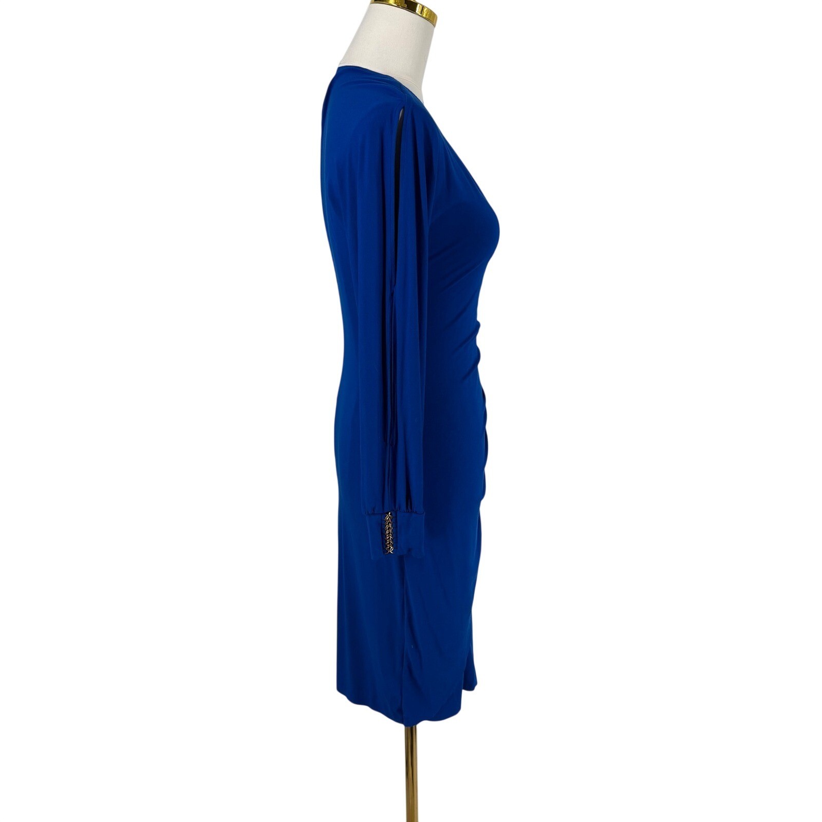 Cache Womens Royal Blue Faux Wrap Ruched Dress Gold Chain Detail Long Sleeve L