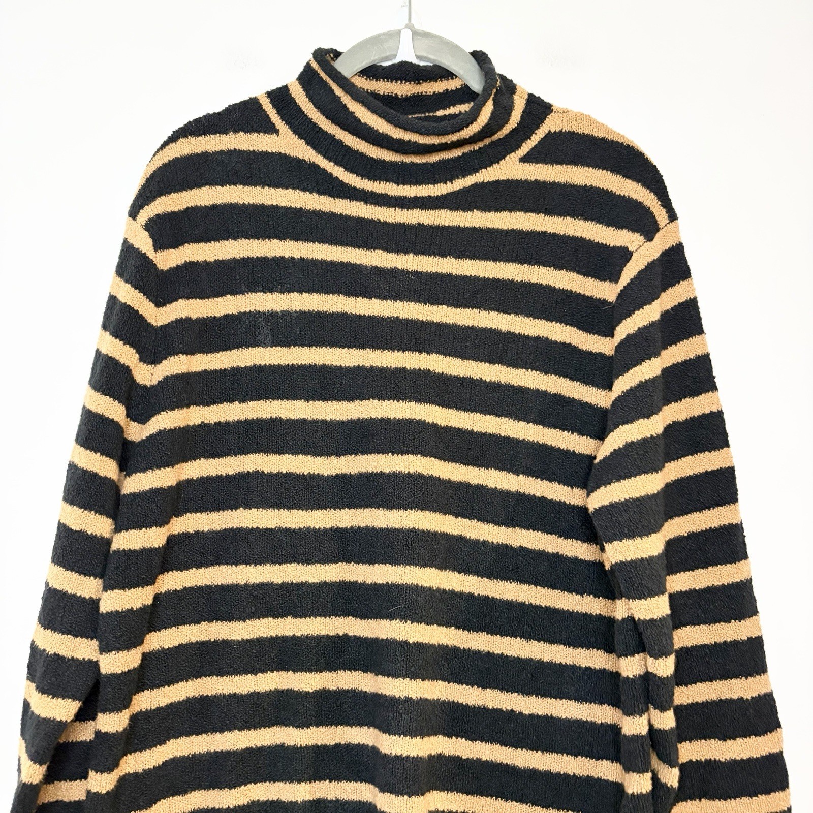 J Crew Cozy Roll Neck Pullover Sweater M Black Brown Striped Soft Preppy