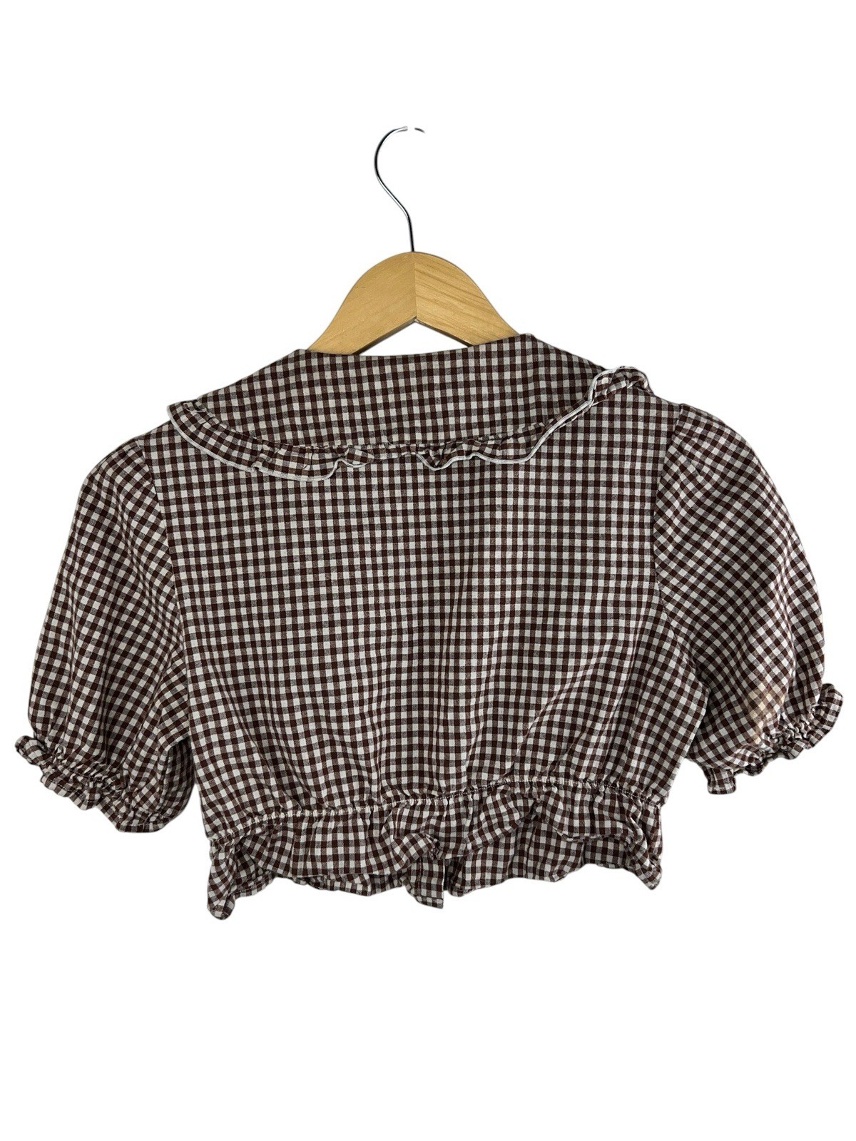 Hesperus Brown Gingham Peter Pan Collar Crop Blouse Ruffle Cotton Women’s S