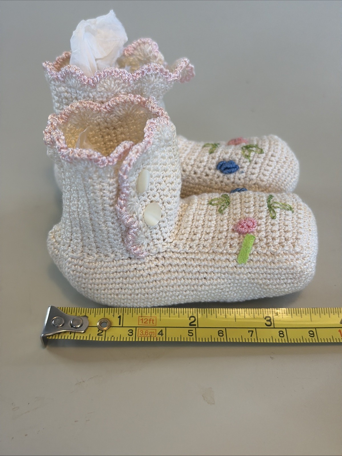 Vintage Hand Crocheted Ivory Pink Blue Flower Infant Booties