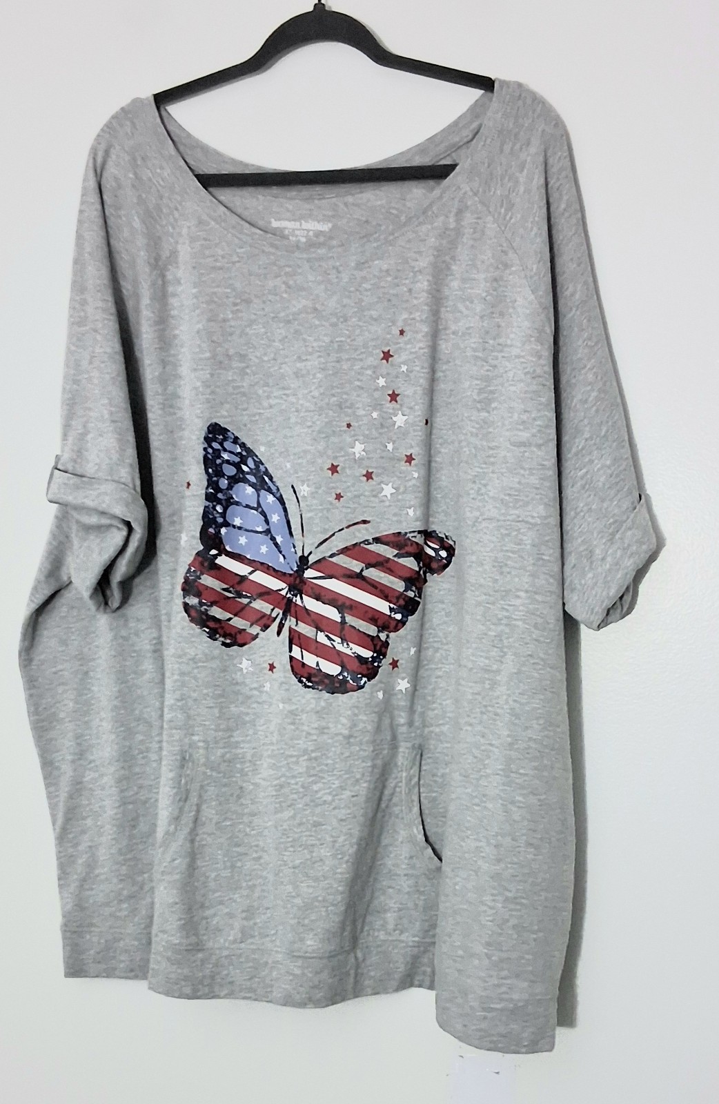 Woman Within Kangaroo Pocket Tee Size 34/36 Gray Butterfly American Flag Preowne
