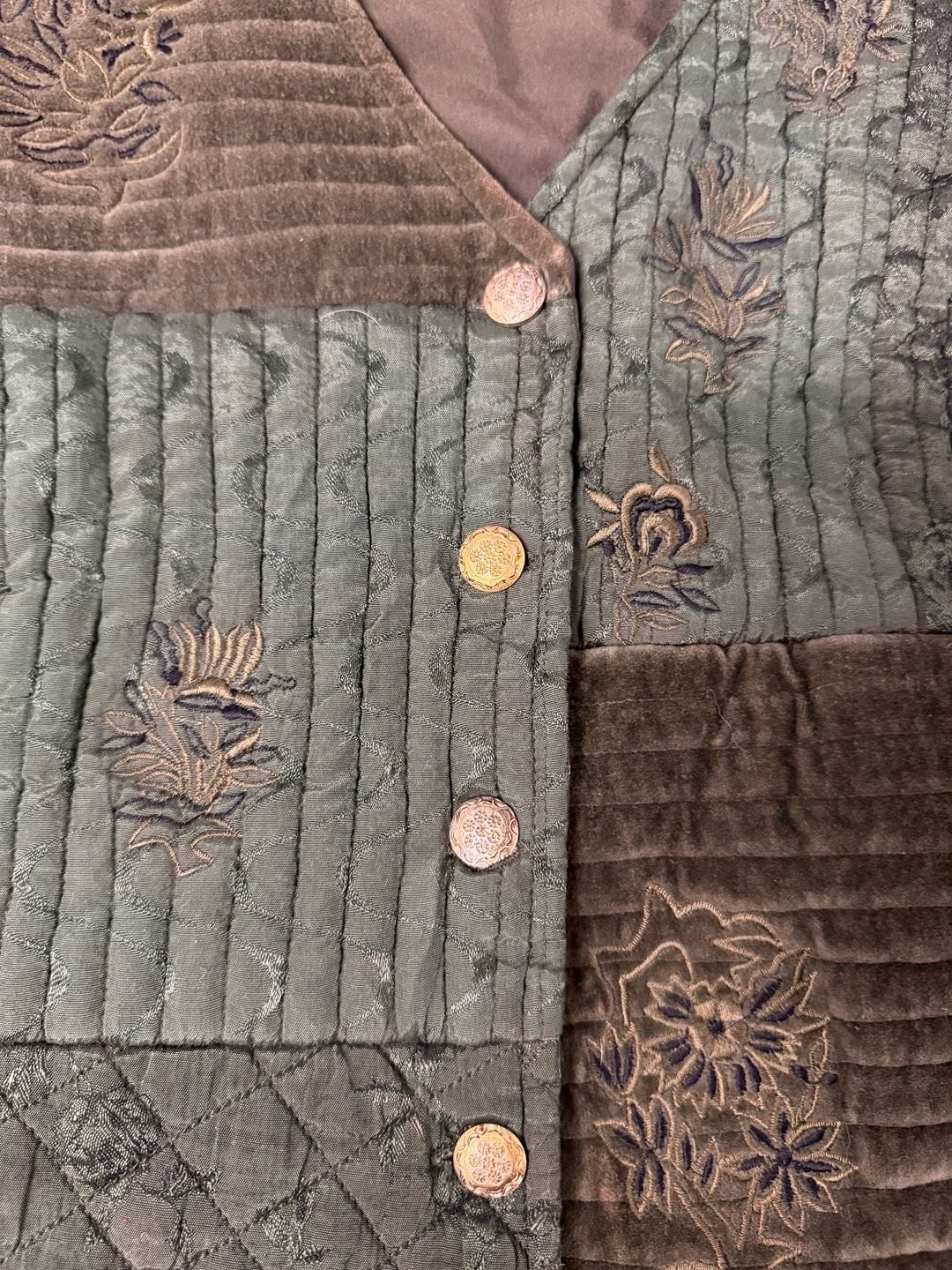 Vintage Embroidered Quilted Patchwork Vest Olive Green