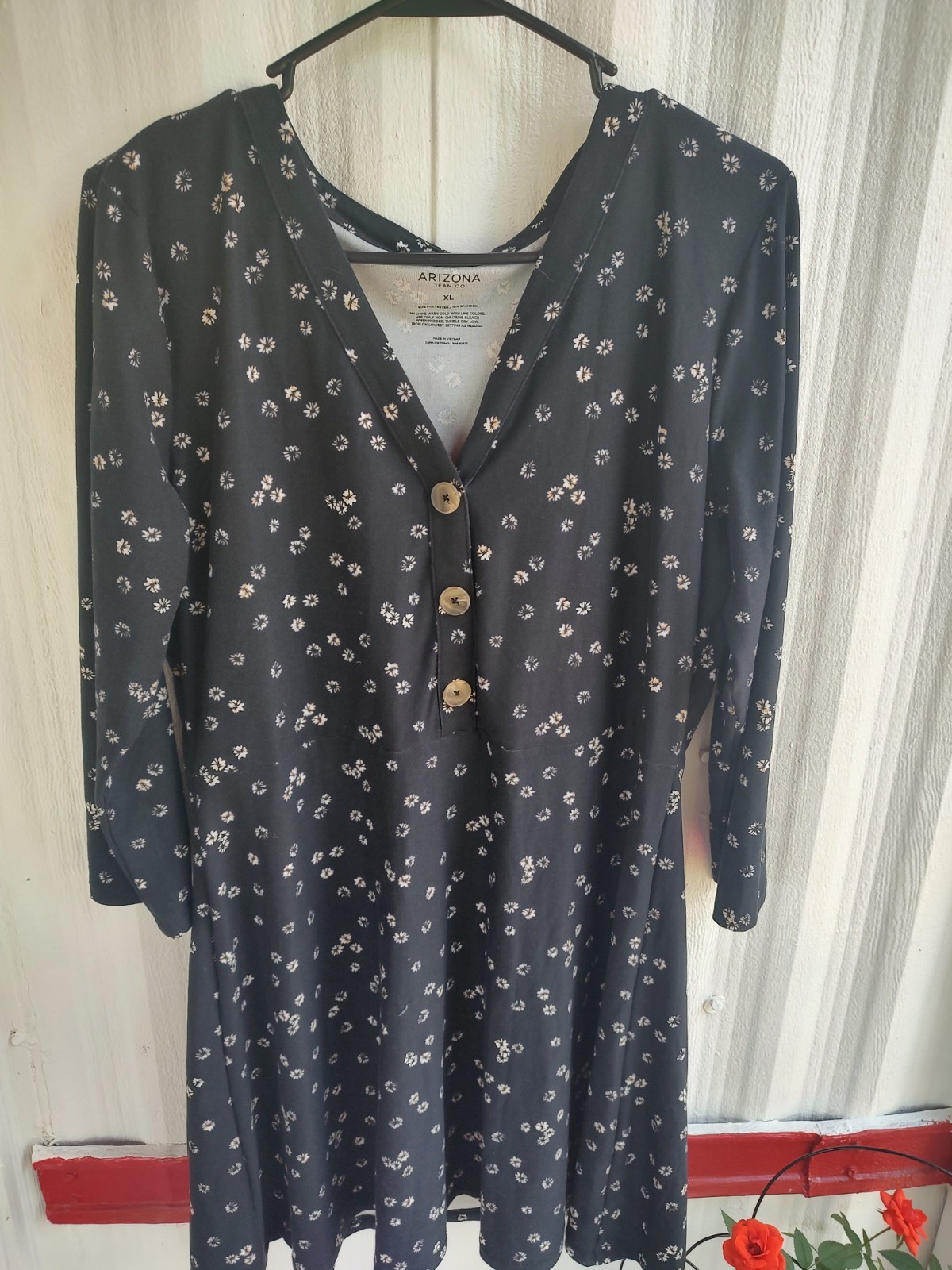Arizona Jean Co Women’s XL Black White Floral Blouson Dress V-Neck 3/4 Sleeve