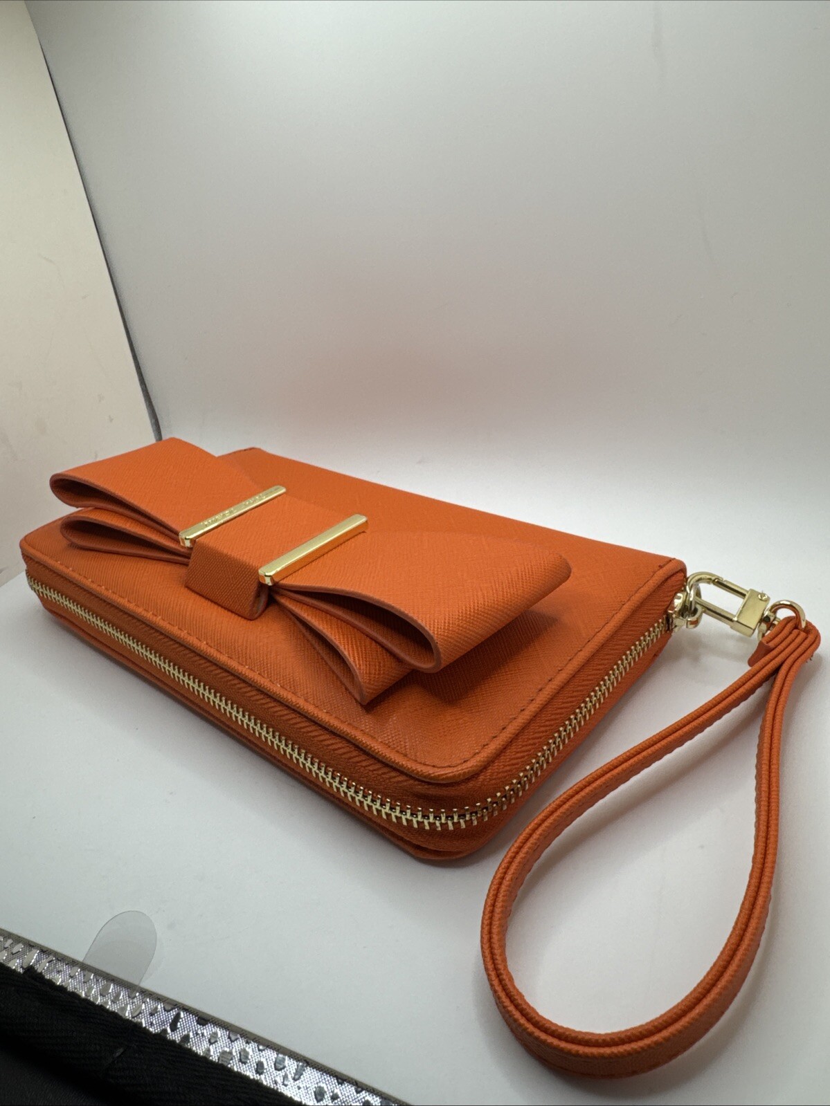 Orange Betsey Johnson Zipper Wallet Wrist Strap Bow Accent
