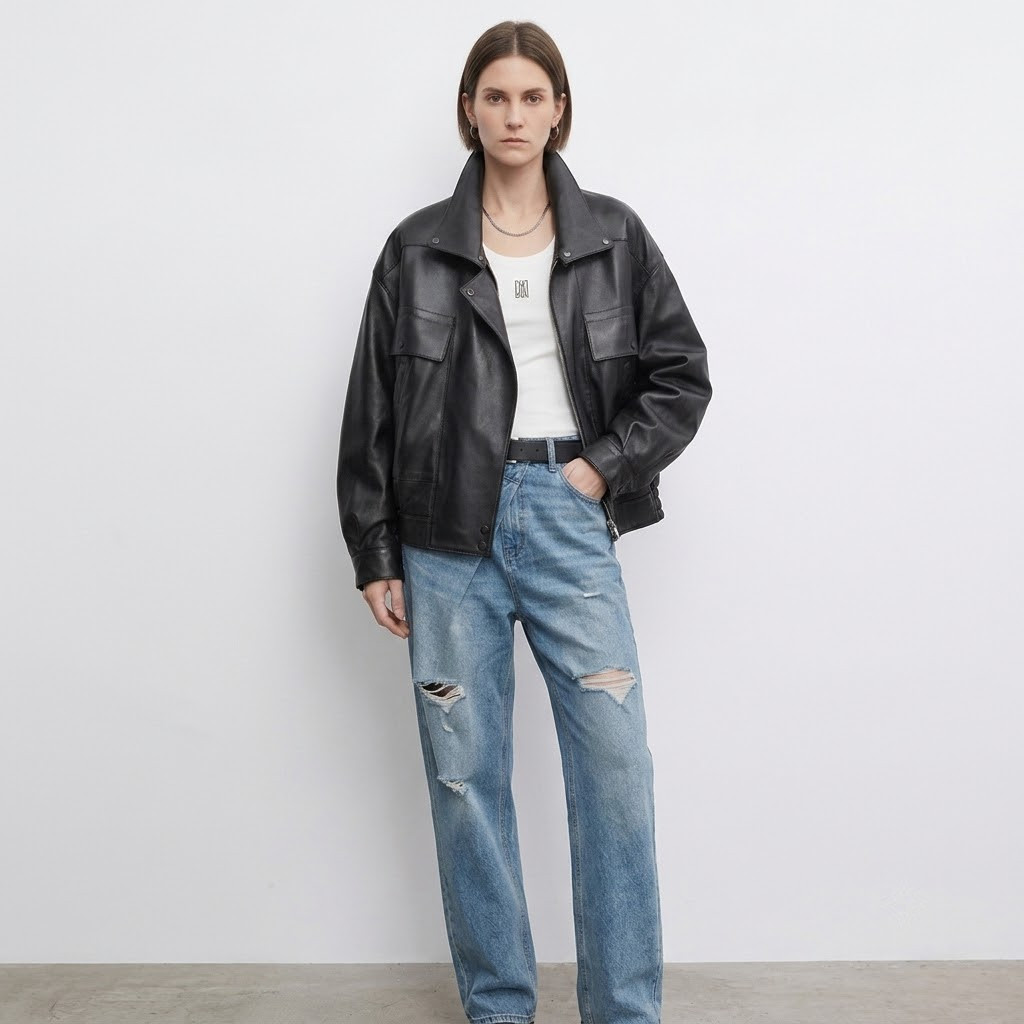 Women’s Black Leather Bomber Jacket Oversized Utility Style Real or Faux Leather