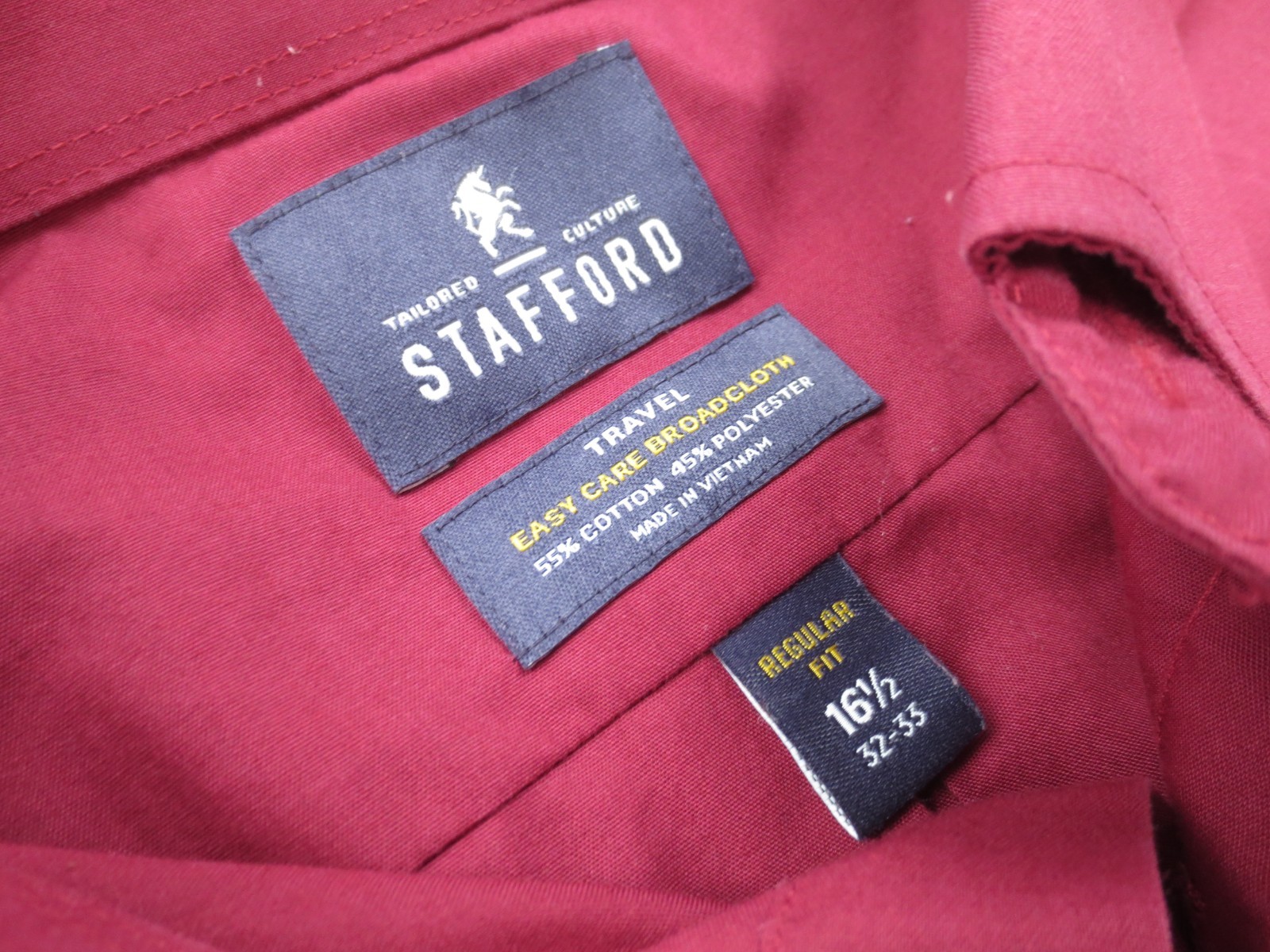 Stafford Travel Shirt Mens 16.5 Dark Red Easy Care Broadcloth Long Sleeve Button