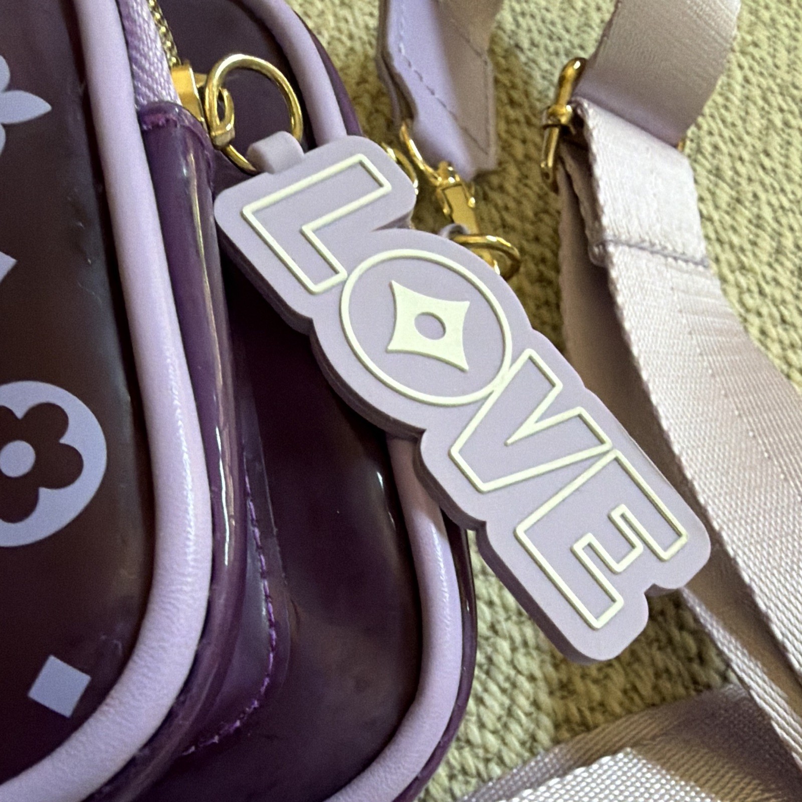 Claire Logo Crossbody Bag Small Rectangle Zip Lined Gold Hardware LOVE Charm