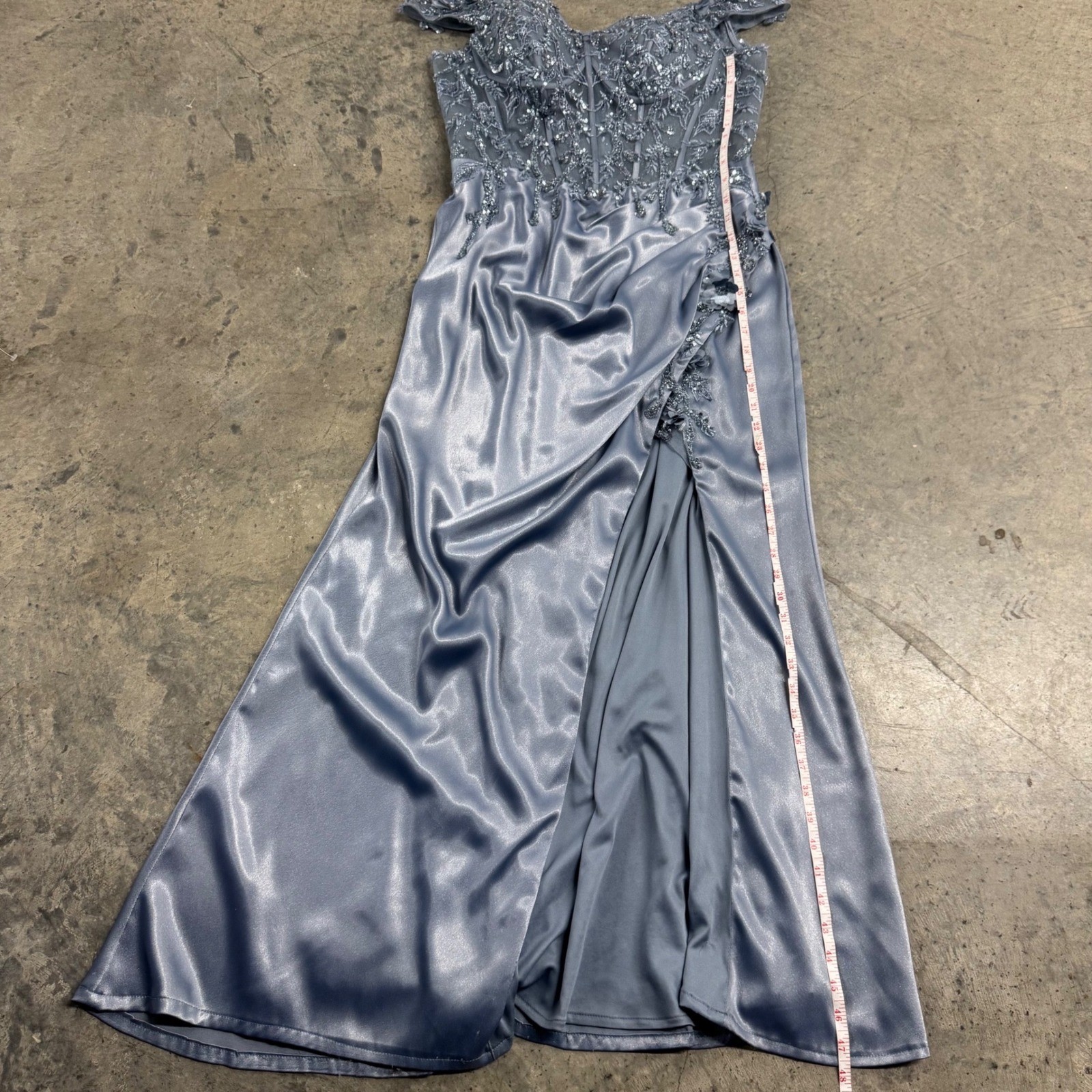 Ladivine by Cinderella Divine Blue Beaded Corset Lace Slit Maxi Gown Dress S/XL