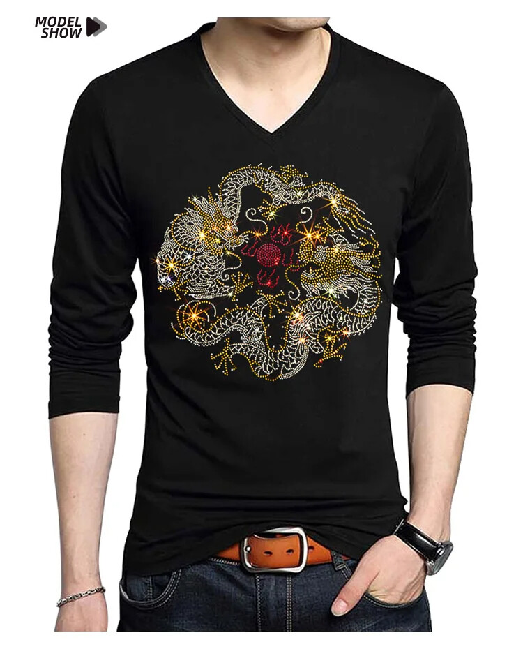 Fashion Trend Dragon Rhinestone Streetwear Long Sleeve Luxury Men V-Neck T-Shirt
