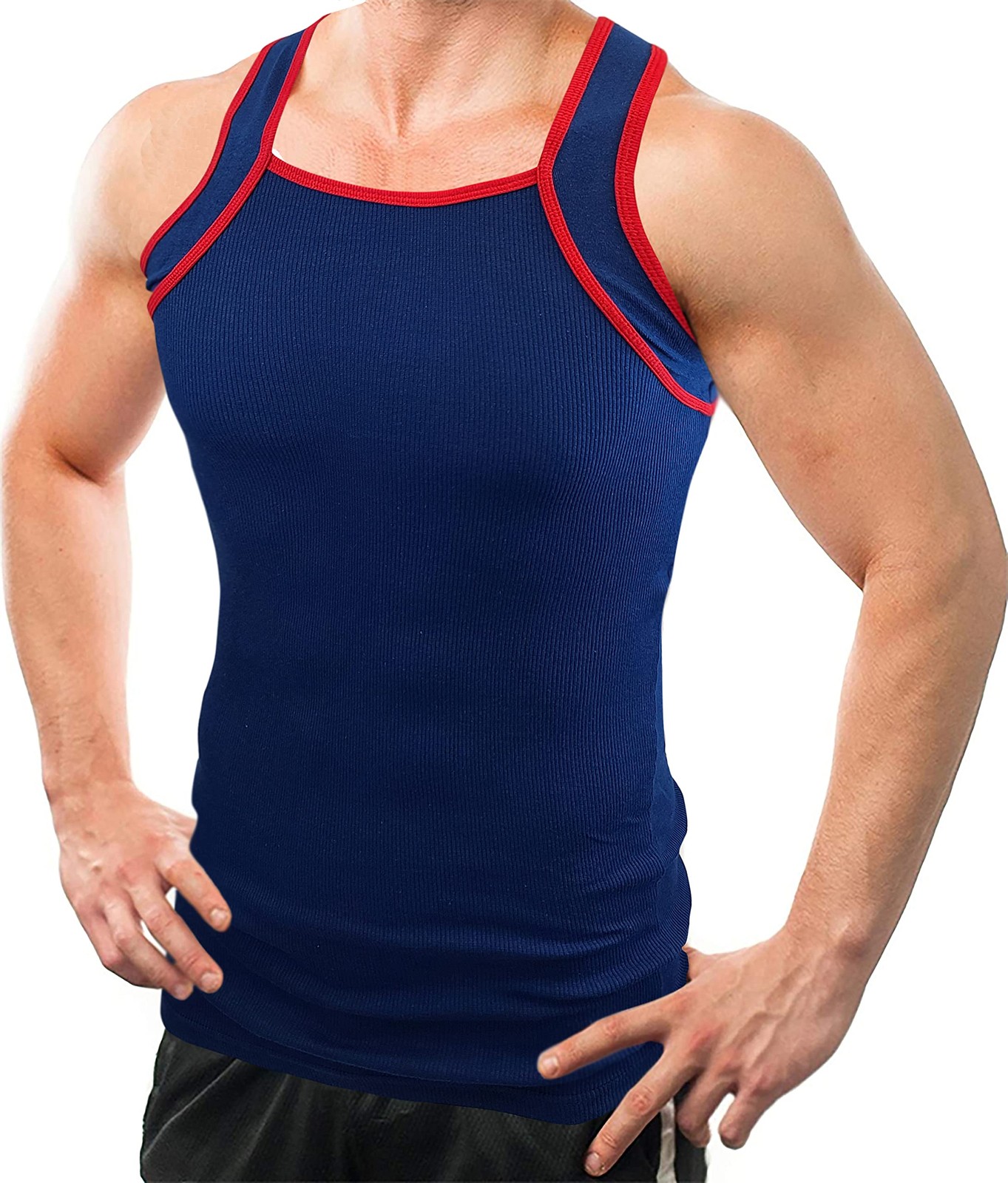 Different Touch 2 Pack Men’s Tank Tops Square Cut Muscle Rib A-Shirts (L, Navy