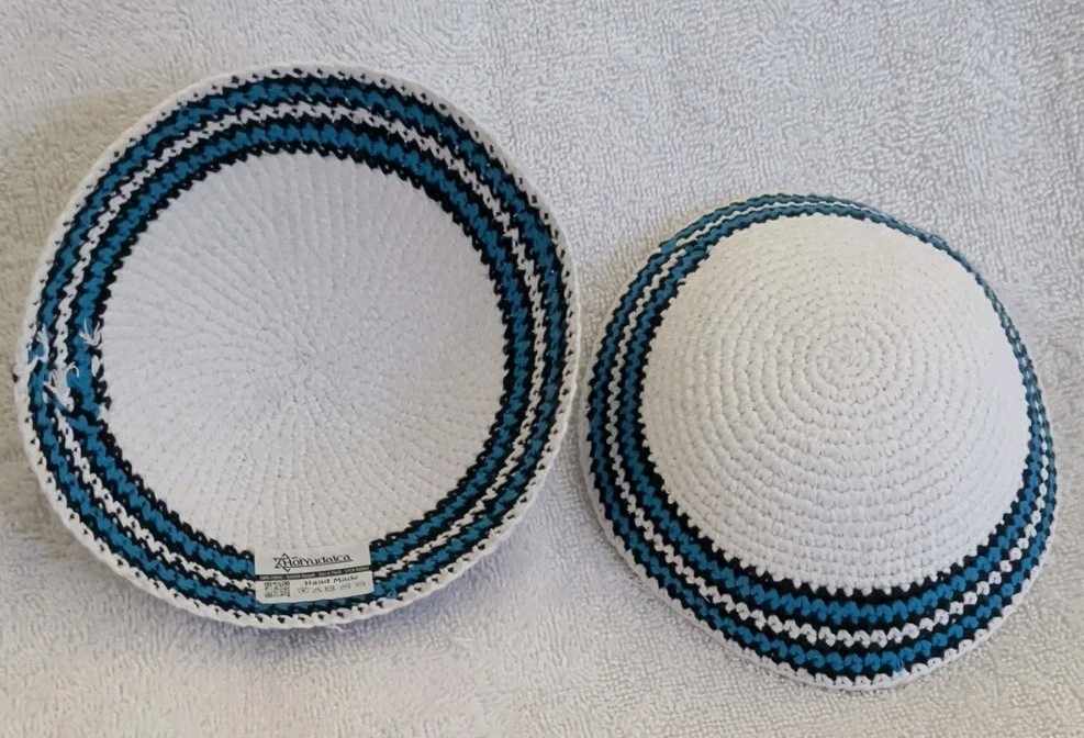 2 HolYudaica Hand Made Knitted Kippah 6.7in Cap 100% Cotton Yarmulk 17cm Folded