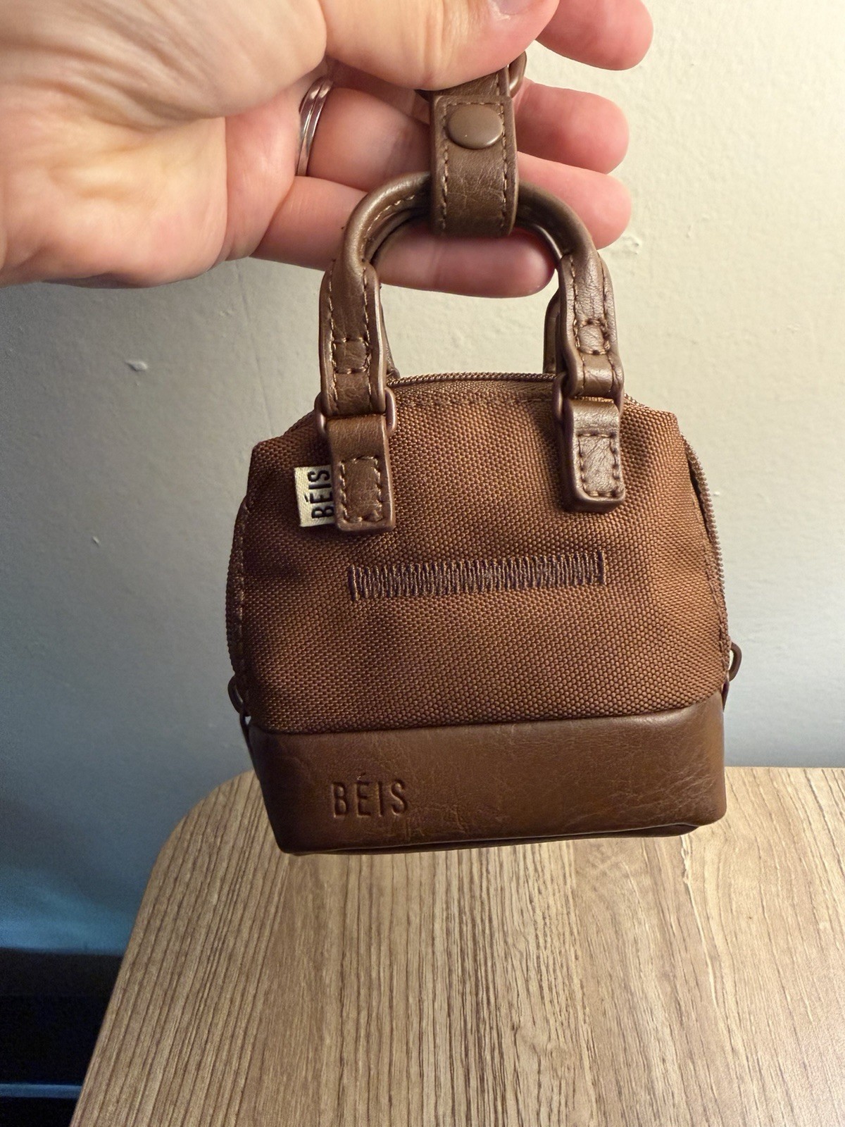 BÉIS Brown Mini Top Handle Bag Charm Accessory, Zipper Closure, Logo