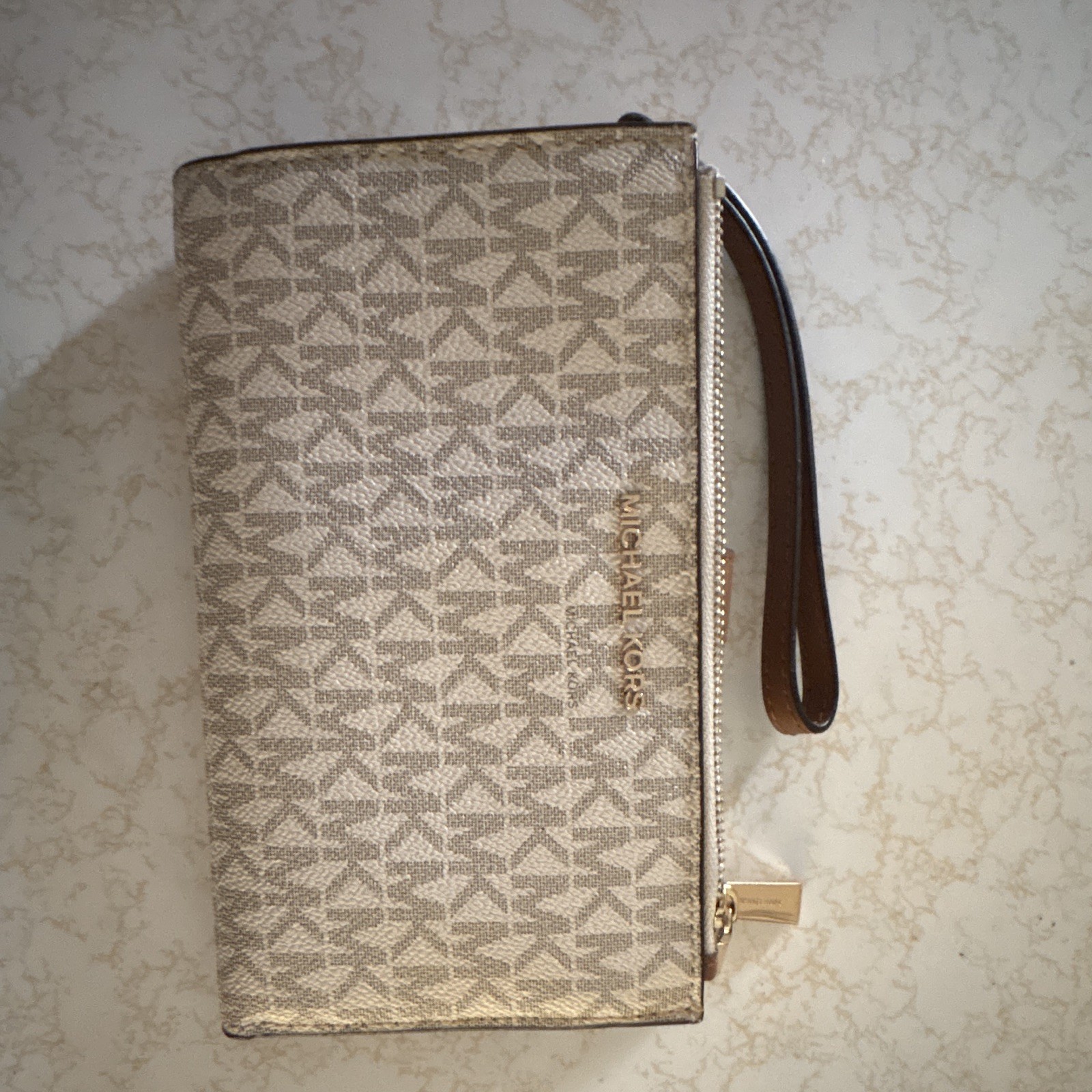 Michael Kors Logo Print Zip Wristlet Wallet, Credit Card, Beige/Brown