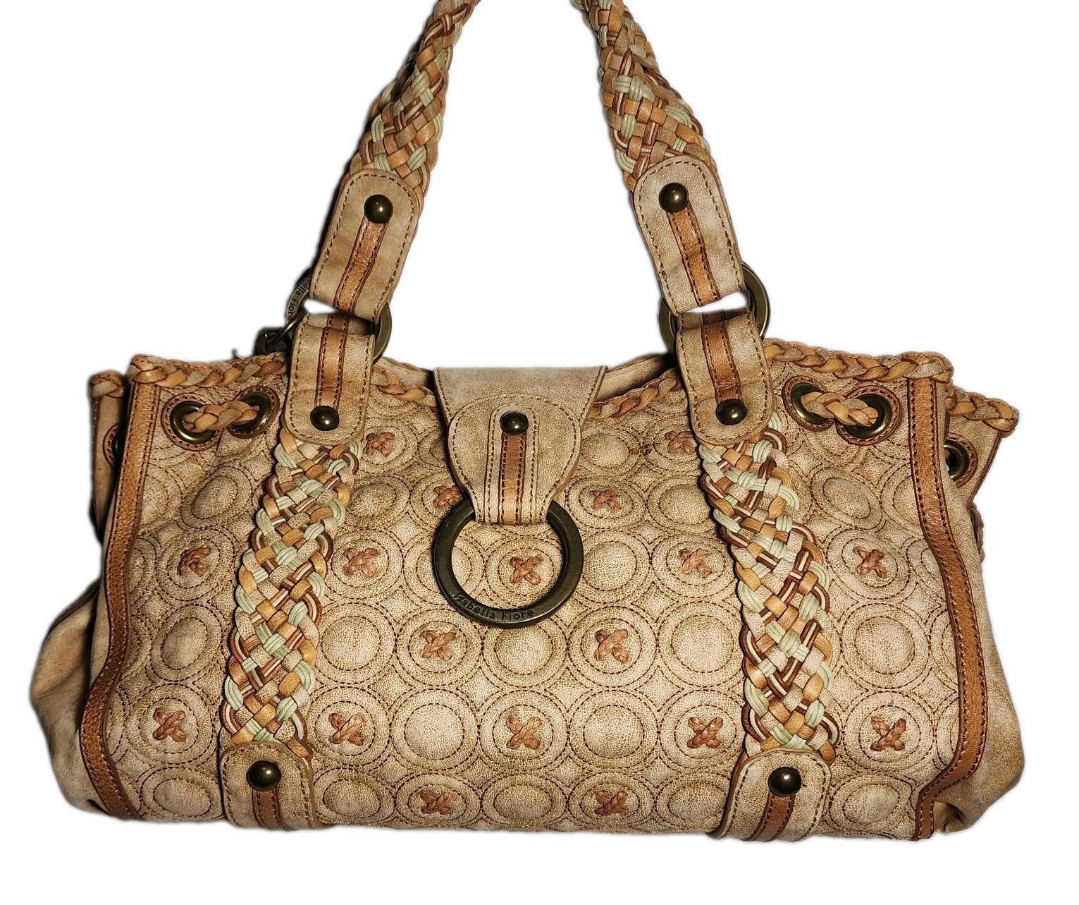 ISABELLA FIORE KISSES AND HUGS EMBROIDERED X’S AND O’S LARGE LEATHER HANDBAG$739
