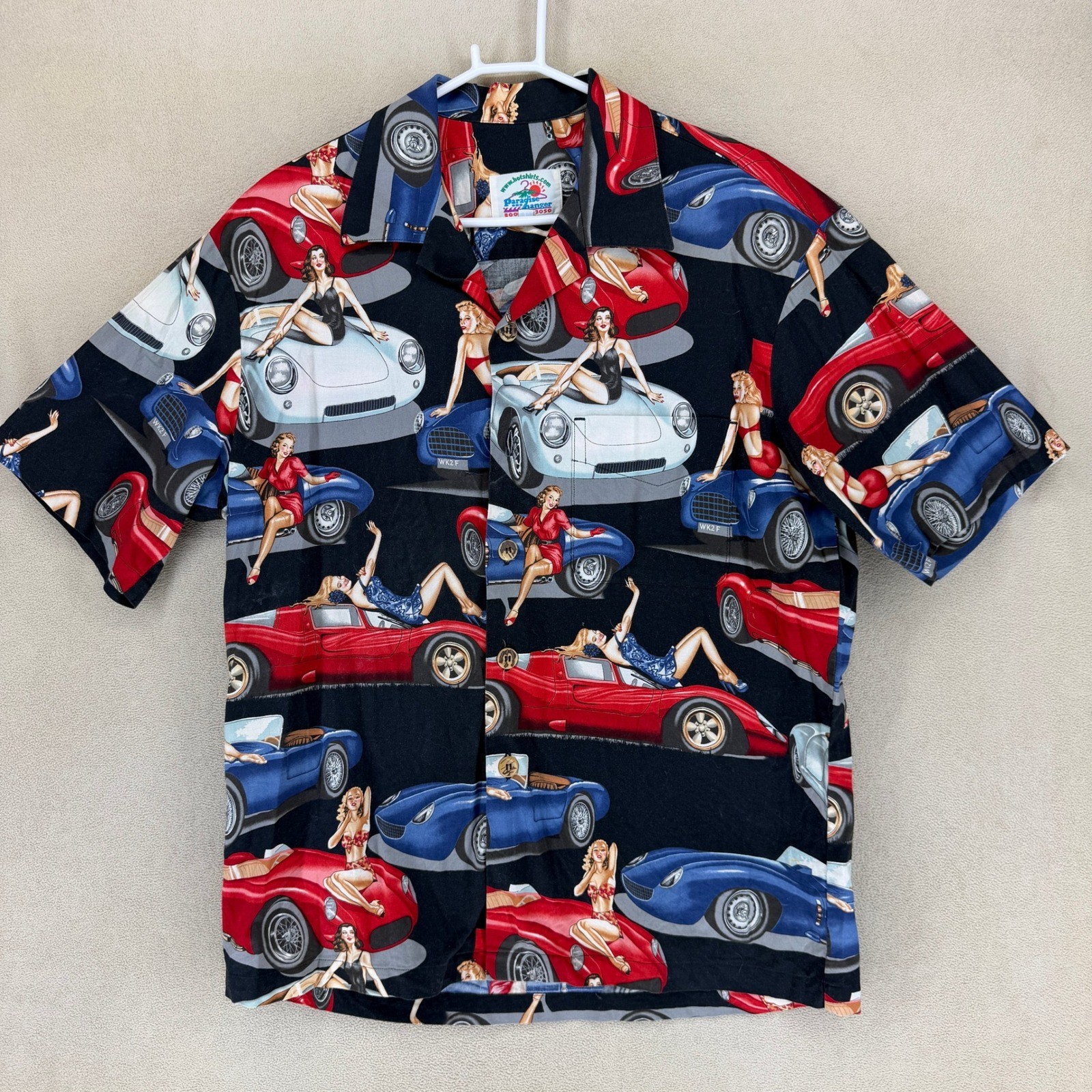 Paradise Hanger Mens Hawaiian Shirt Large Pinup Girls Cars Black Aloha Button Up