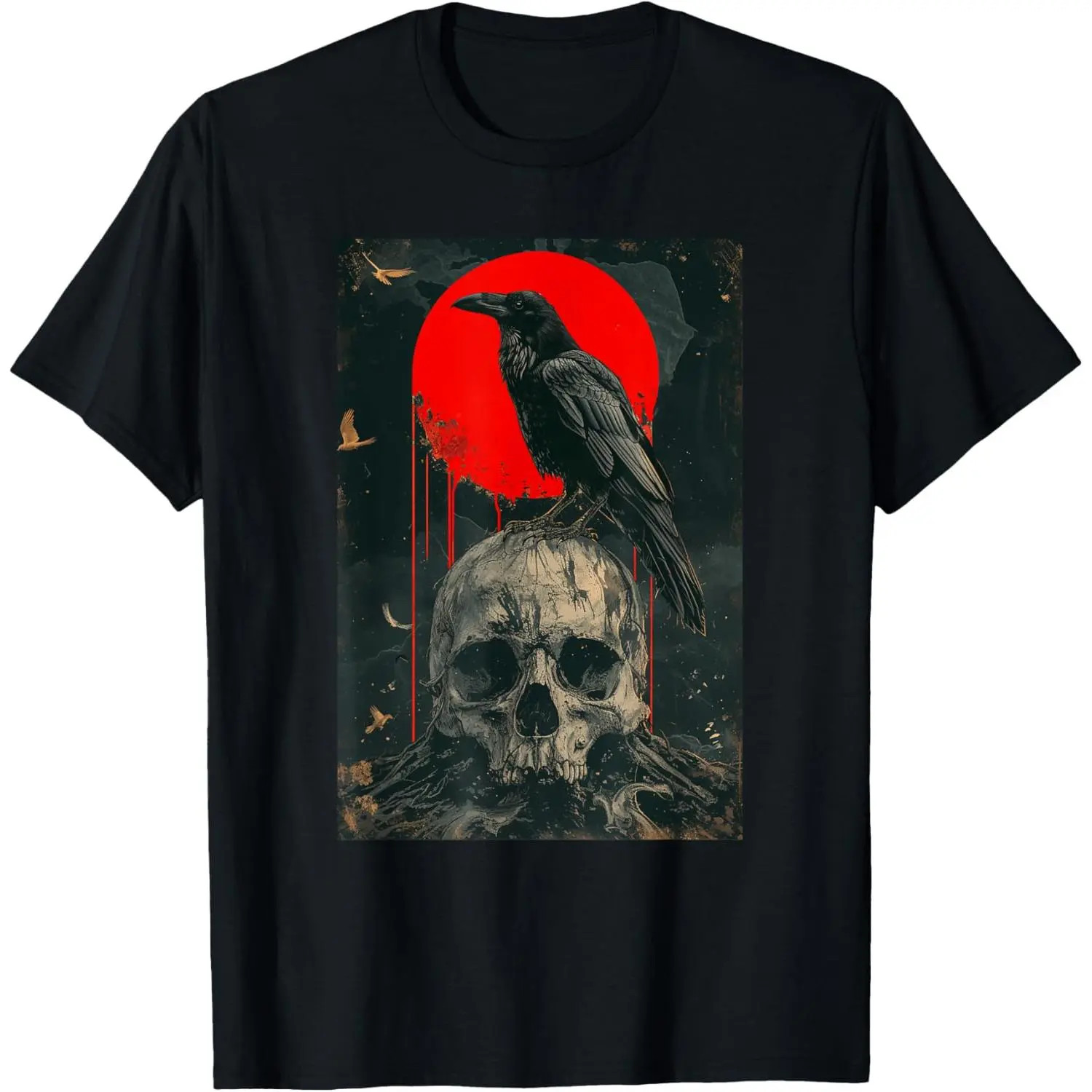 Red Moon Raven Skull Gothic T-Shirt Dark Crow Graphic Streetwear Tee