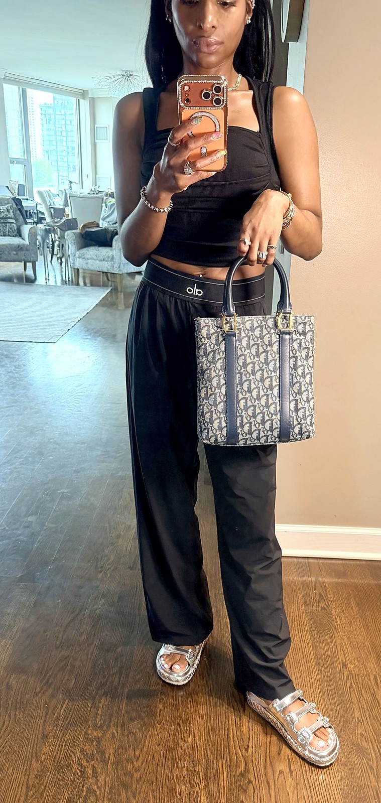 Authentic Christian Dior Navy Trotter Monogram Canvas Tote Bag Gold Hardware