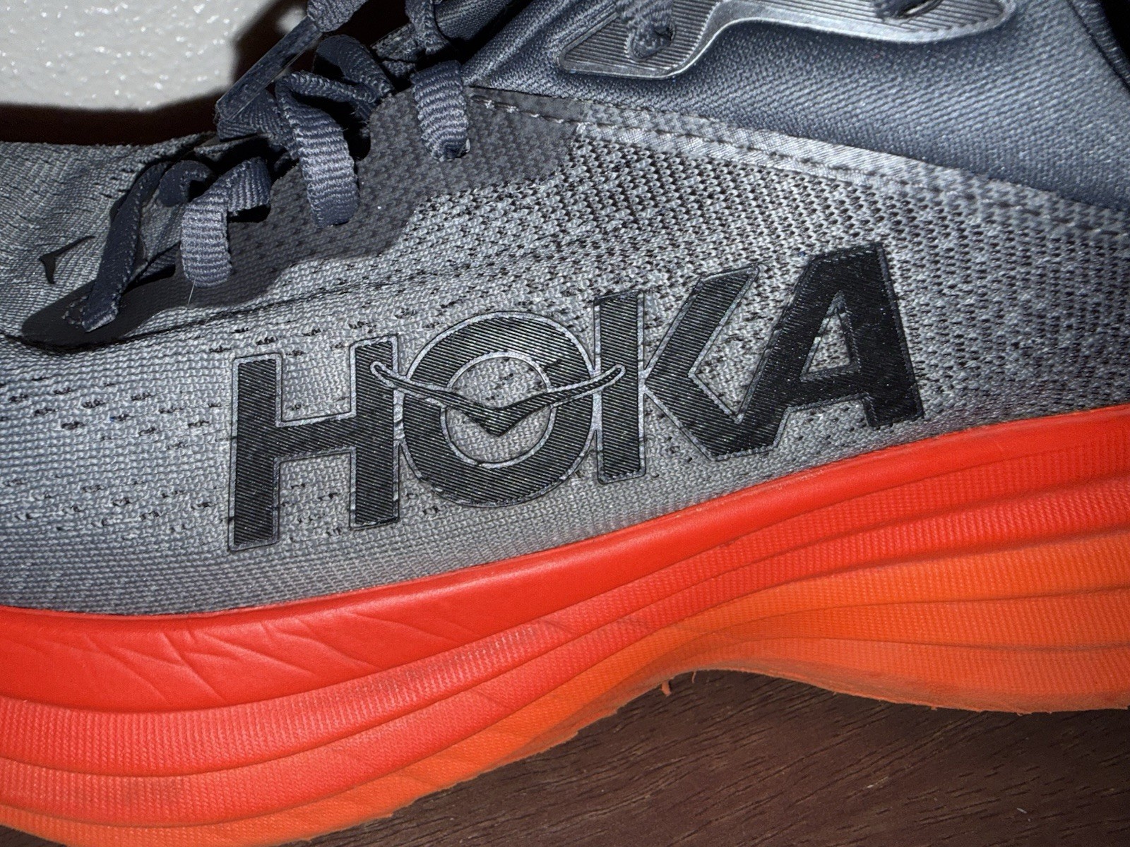 Hoka One One Bondi 8 Mens 9.5D Grey Orange Trail Road Running Shoes Sneakers