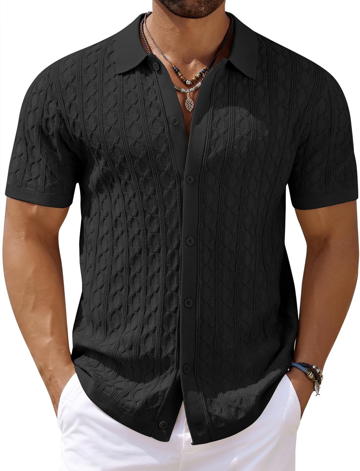 Men’s Knit Short Sleeve Shirts Button Down Vintage Knitted Polo Shirt