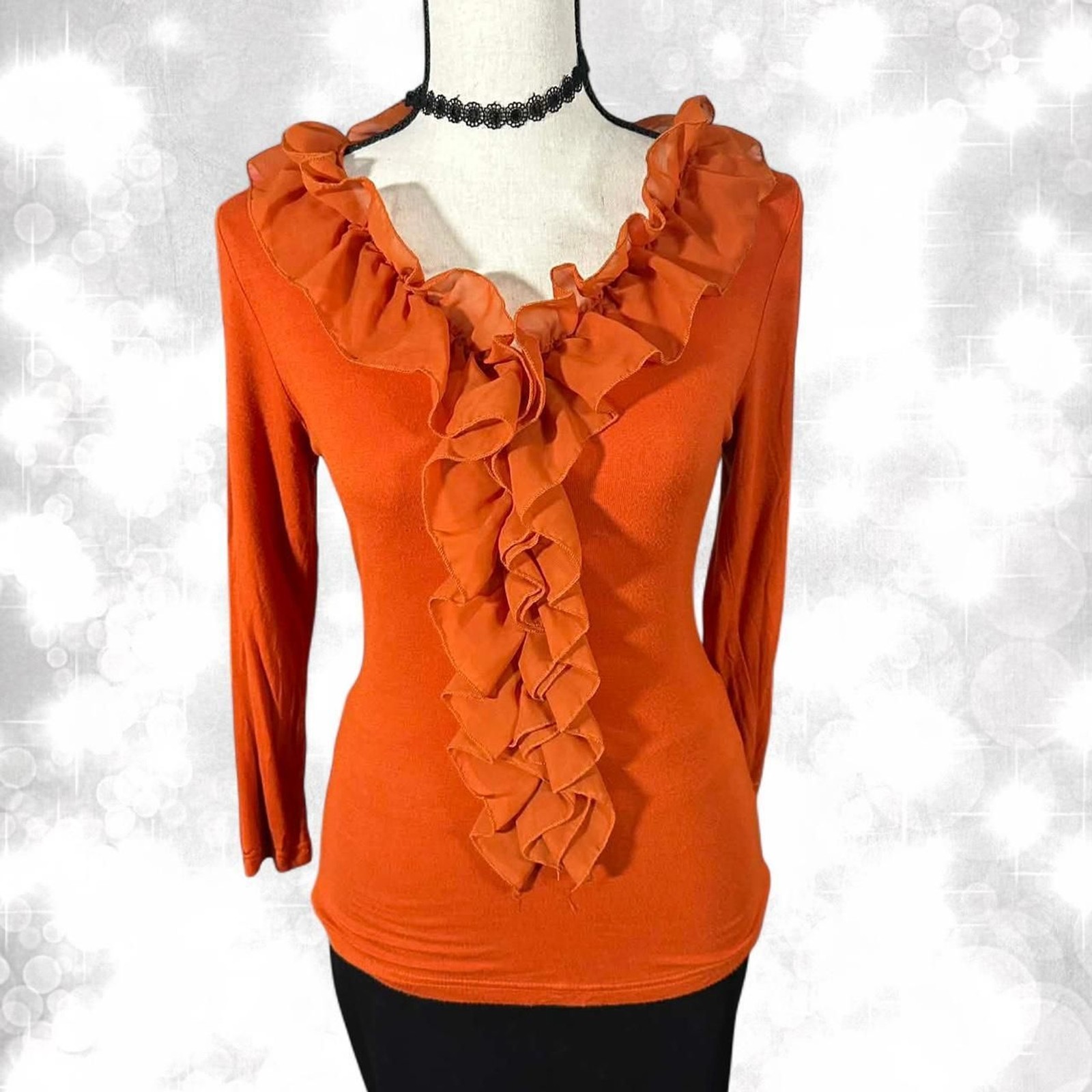 Y2K rustic orange ruffled long sleeve blouse. 90s style