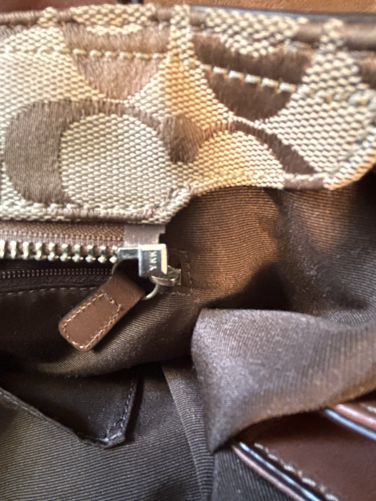 Coach Soho Signature C Monogram Shoulder Bag Brown Leather Trim Pleated