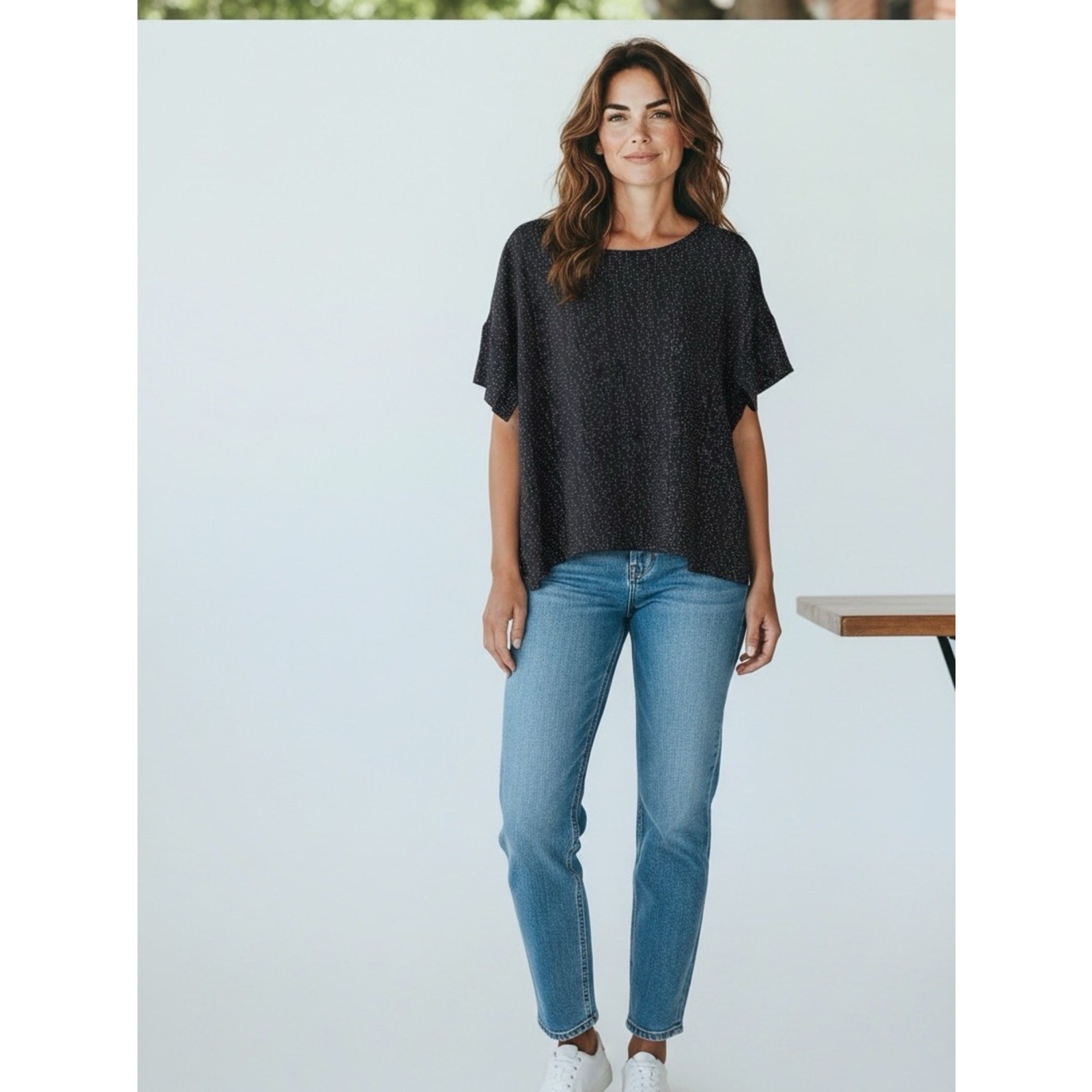 Eileen Fisher Black Short Sleeve Boxy Top with Subtle Dot Texture Medium
