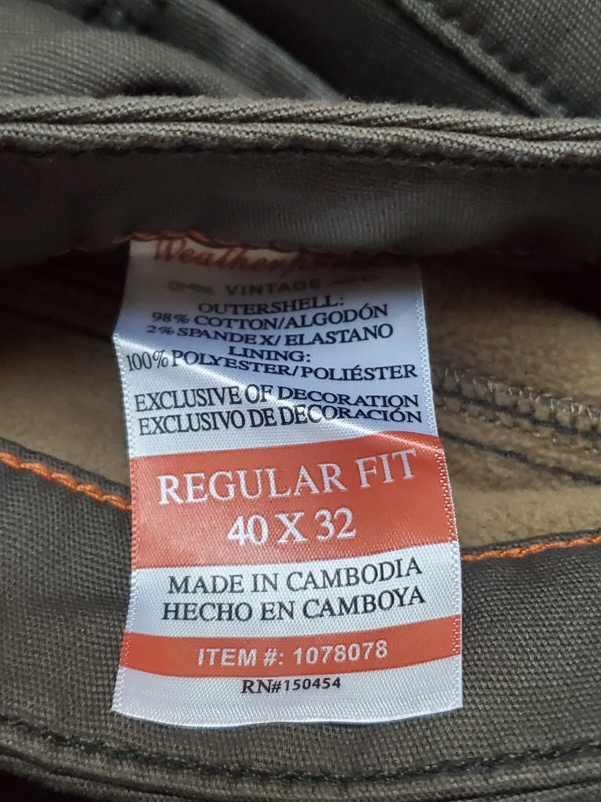 Men’ Weatherproof Vintage Stretch Canvas Fleece Lined Pants Green Size 40×32 NWT